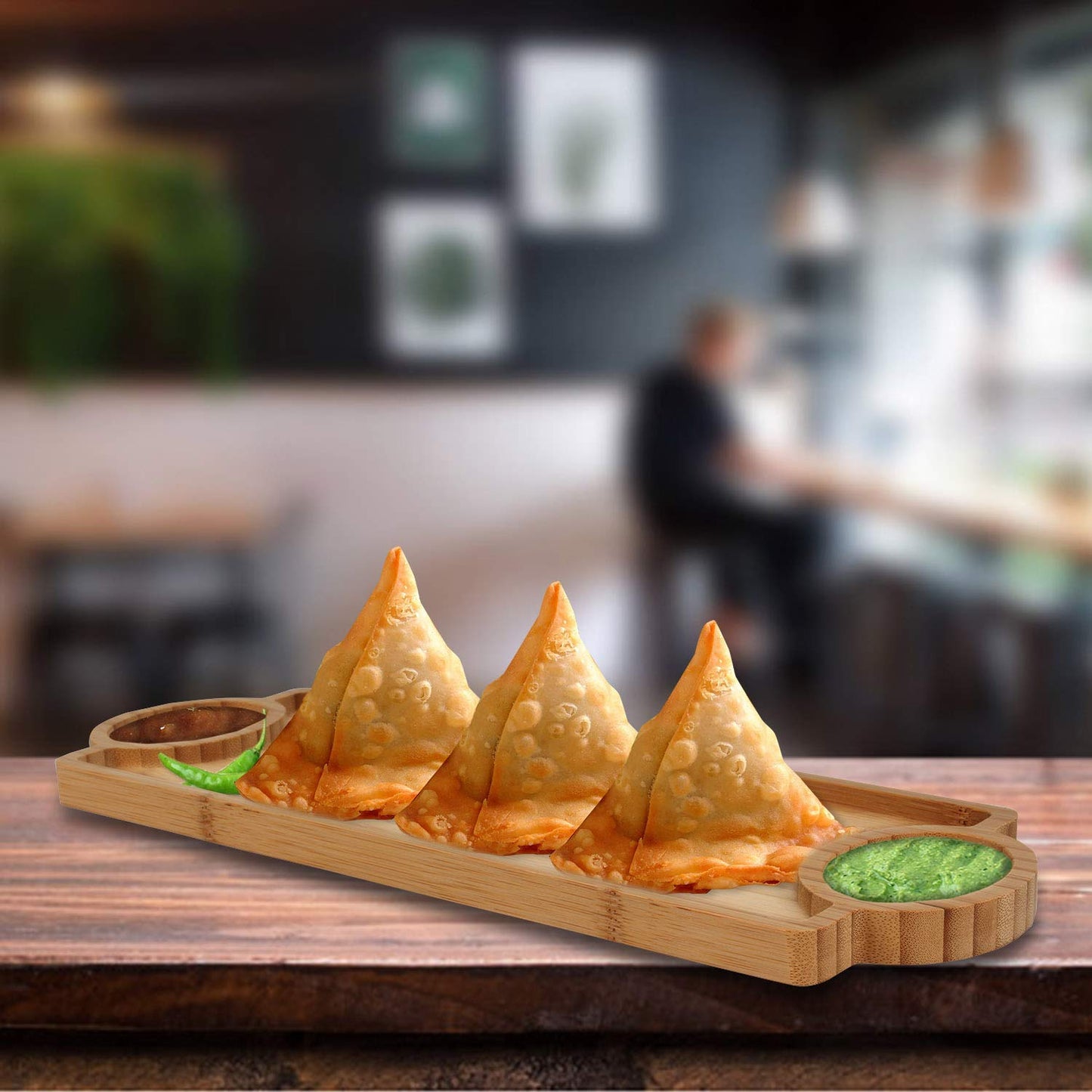 Wooden Bamboo Starter Serving Tray / Dip and Chips Platter - Pack of 2