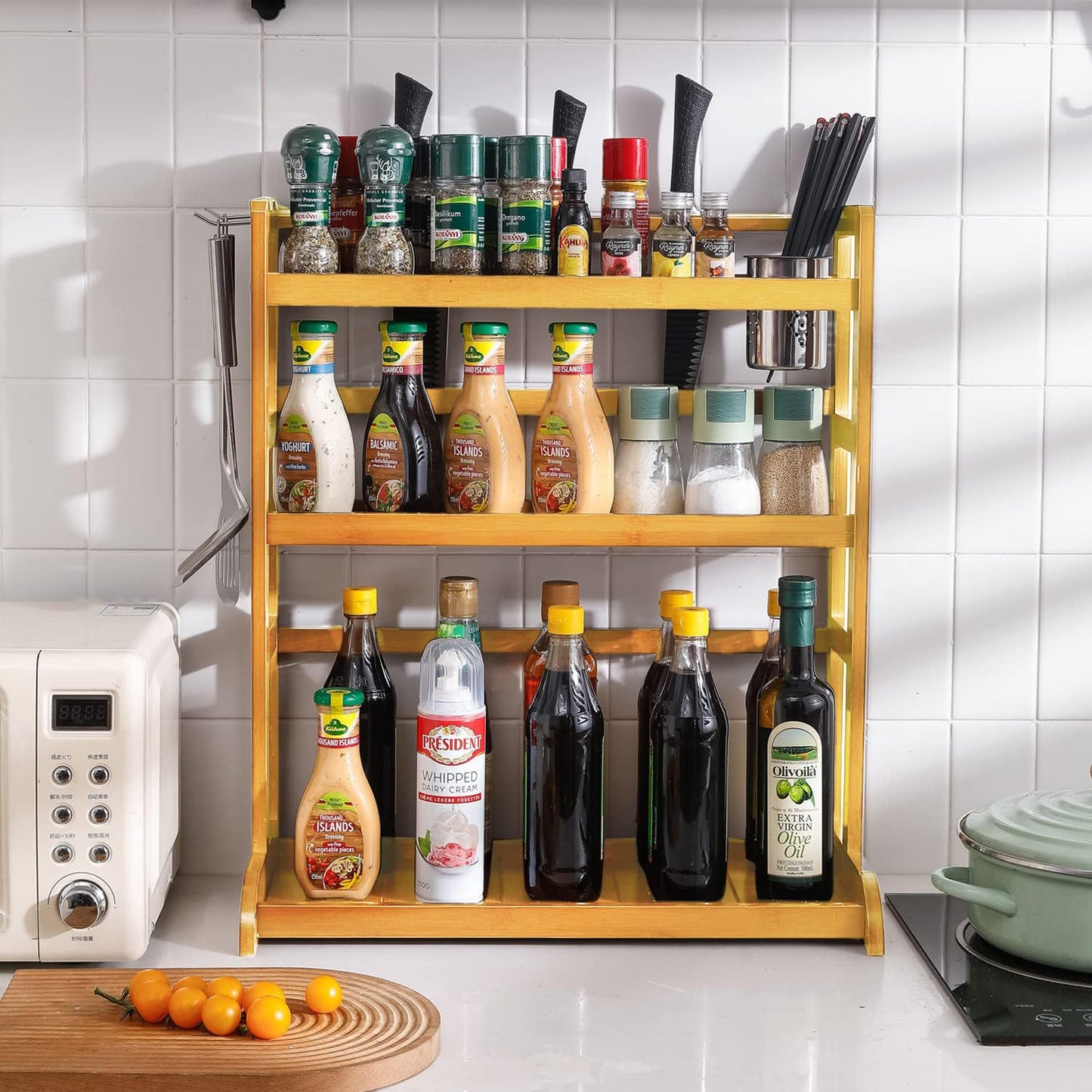 Bamboo 3 Tier Tabletop Mount Spice Rack Organizer For Kitchen Platform Counter Top Rack Storage Shelf Stand