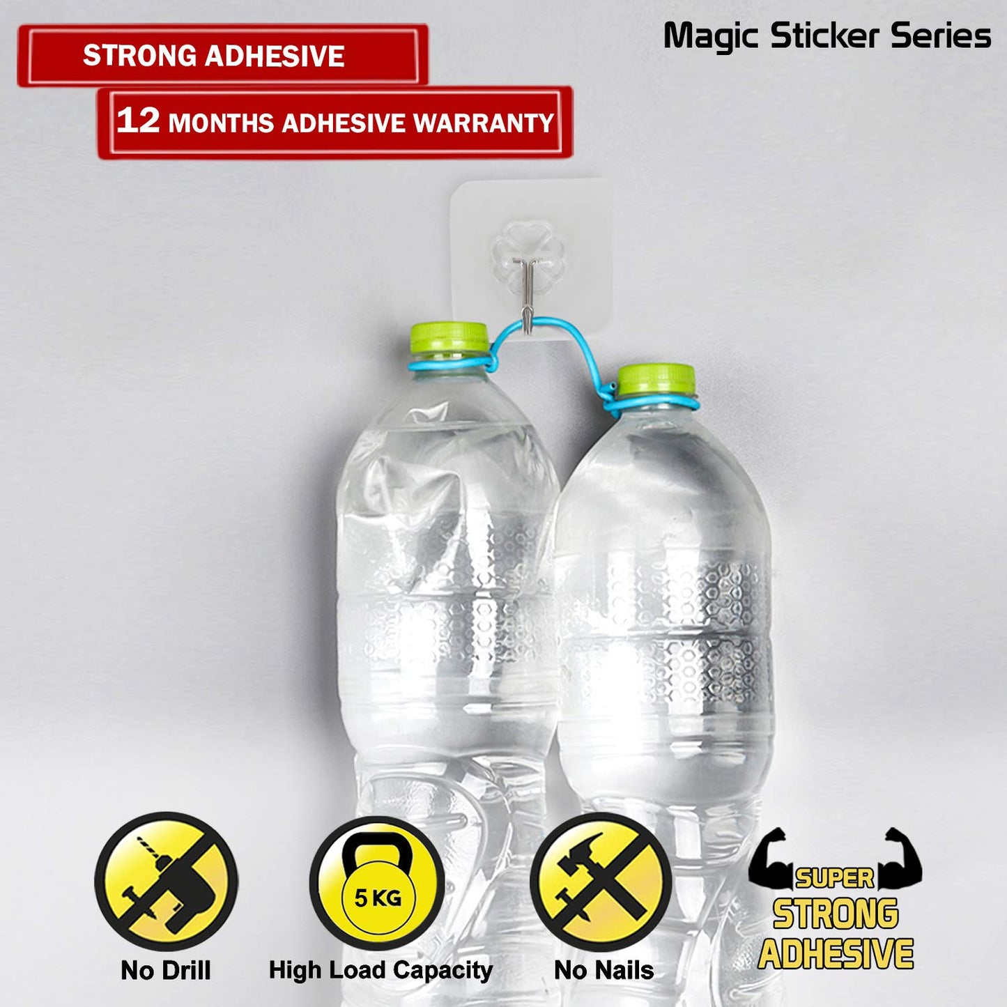 Magic Sticker Series Adhesive Hooks - Load Capacity 5 kg, Pack of 10/20, Transparent