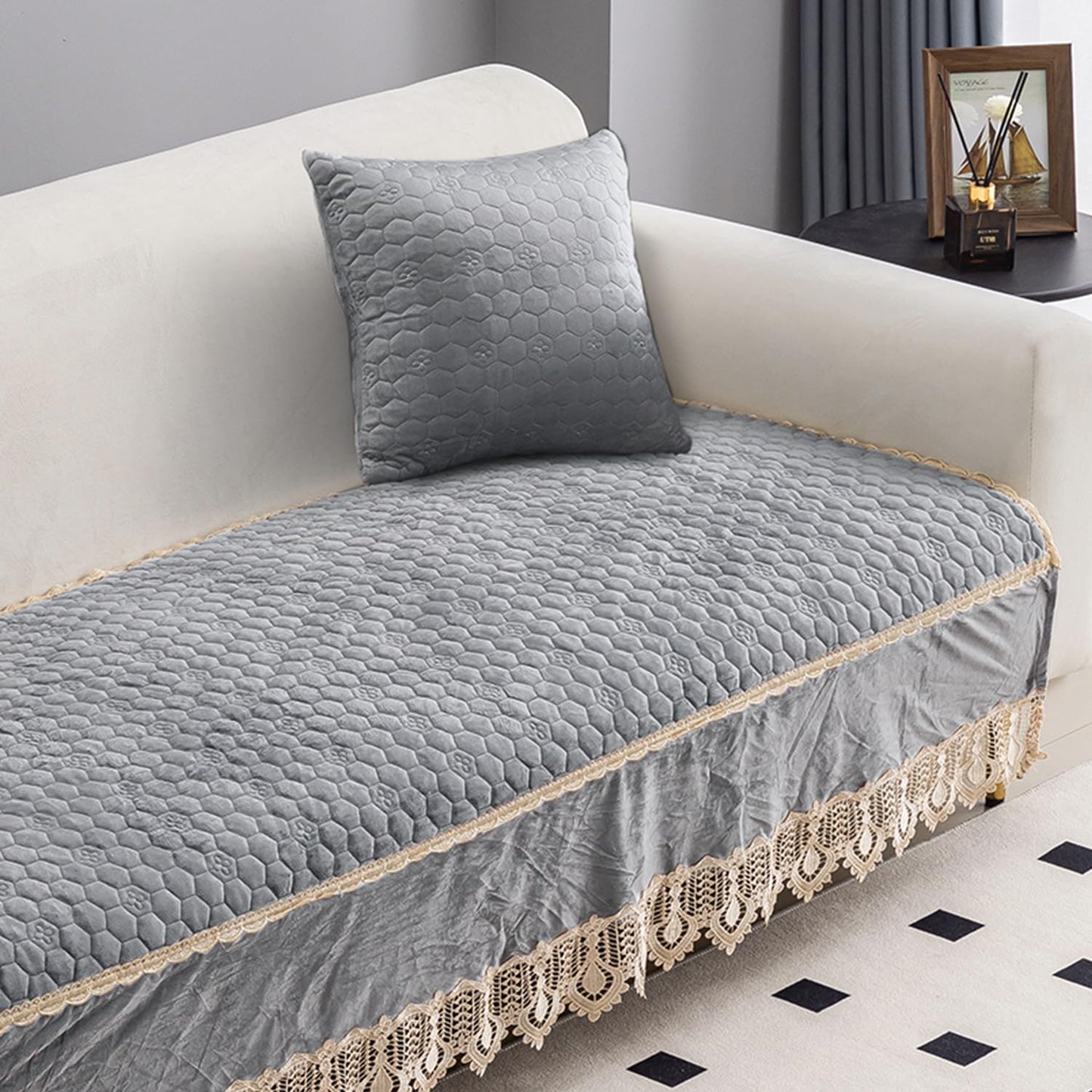 Premium Dutch Velvet Sofa Seat Mat for 1/2/3 Seater Sofa and Cushion Cover, Light Grey