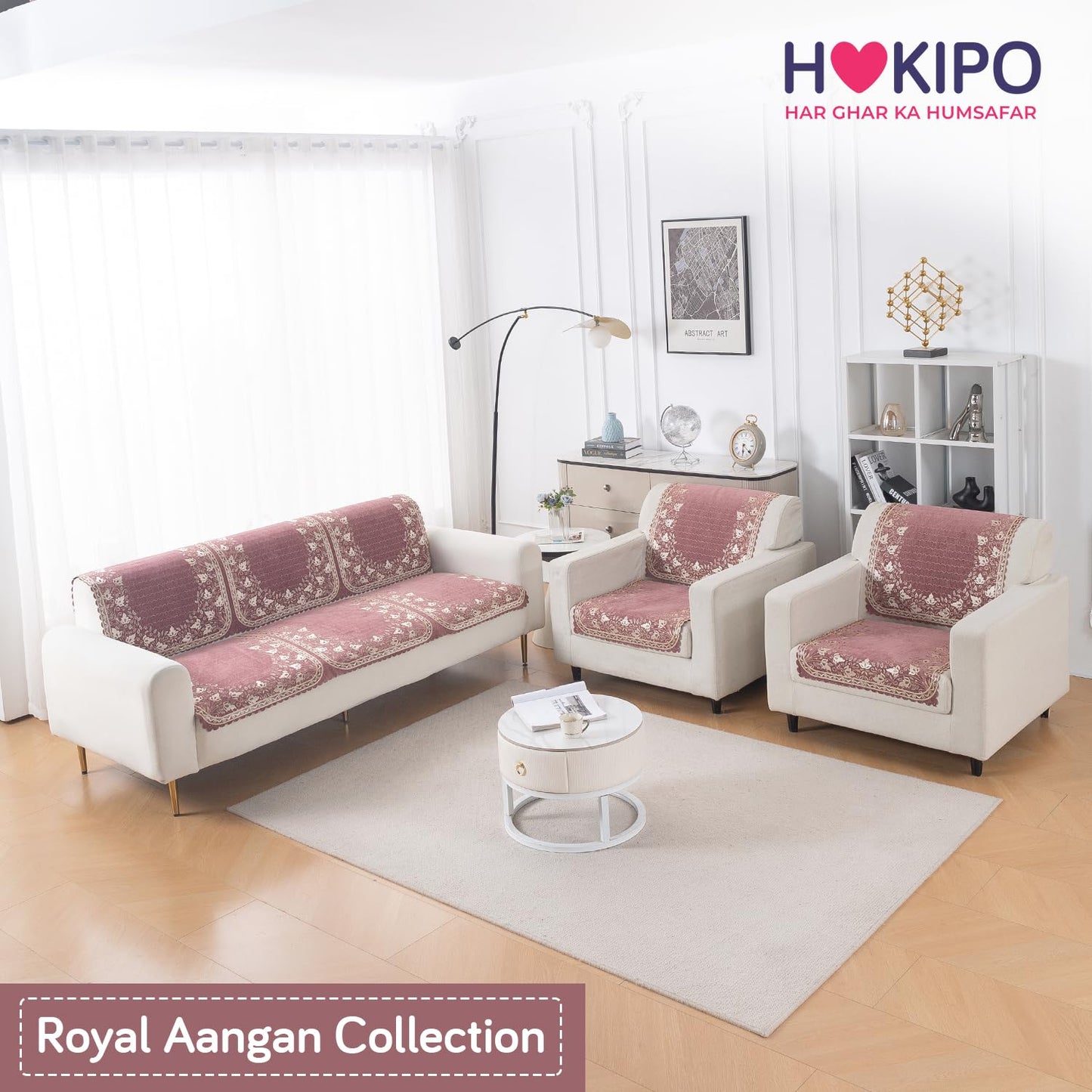 Royal Aangan Premium Chenille Jacquard Sofa Cover 5 Seater Set 3+1+1 Sofa Cover for Seat & Back, Gulabi Jaal