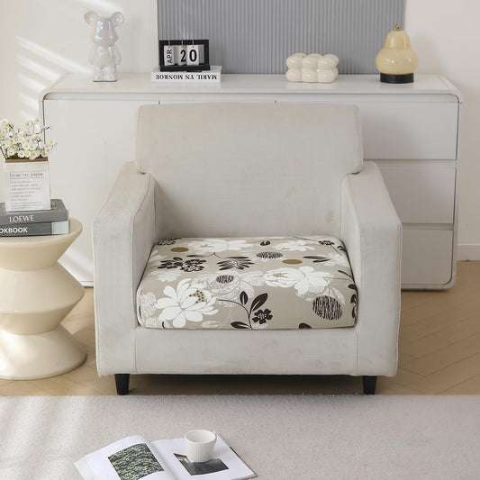 140 GSM Stretchable Printed Elastic Sofa Cushion Seat Cover for 1 /2 /3 Seaters / Pieces for Sofa, Feather Brown Floral