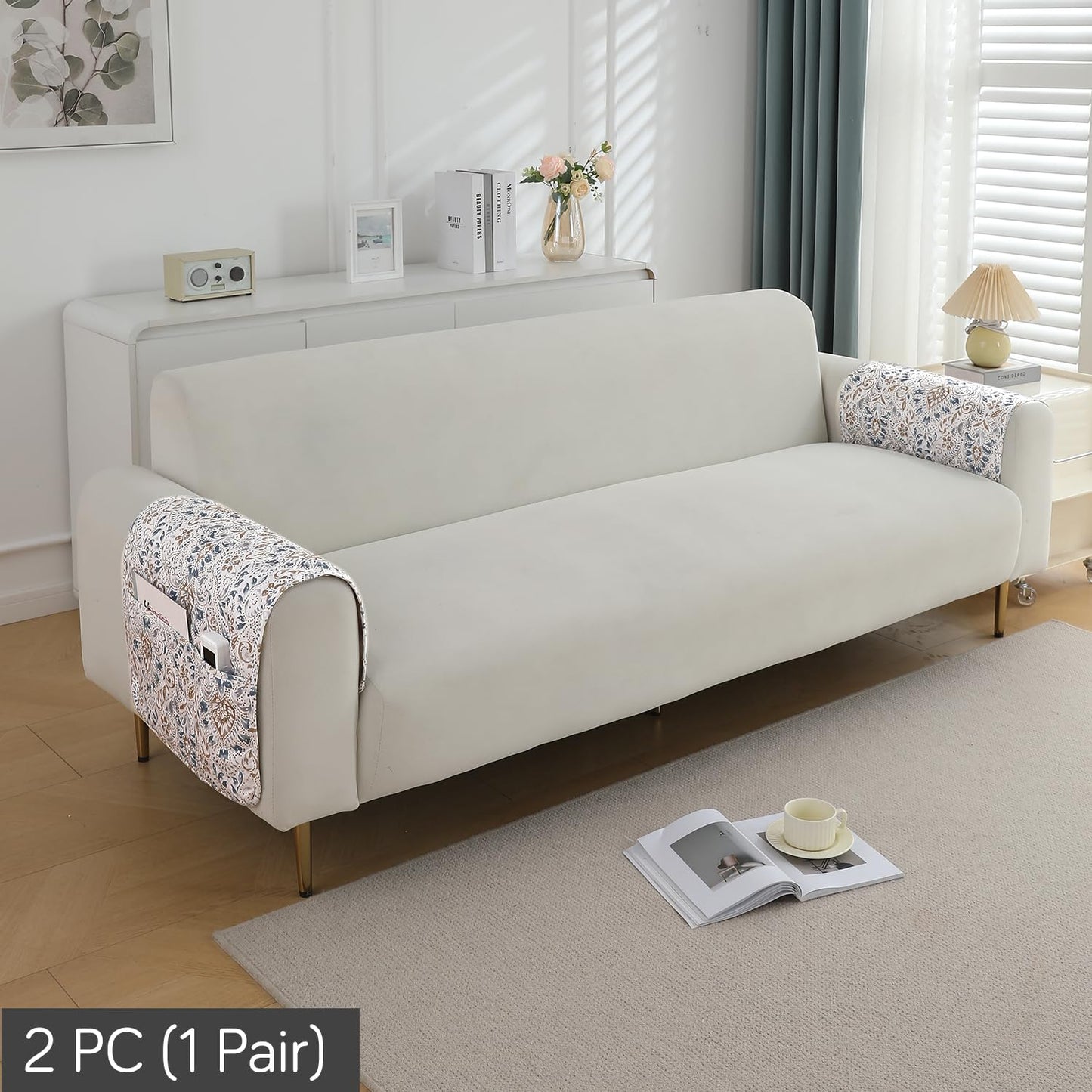 Quilted Waterproof and Anti-Slip Sofa Cover Mat, Damask White
