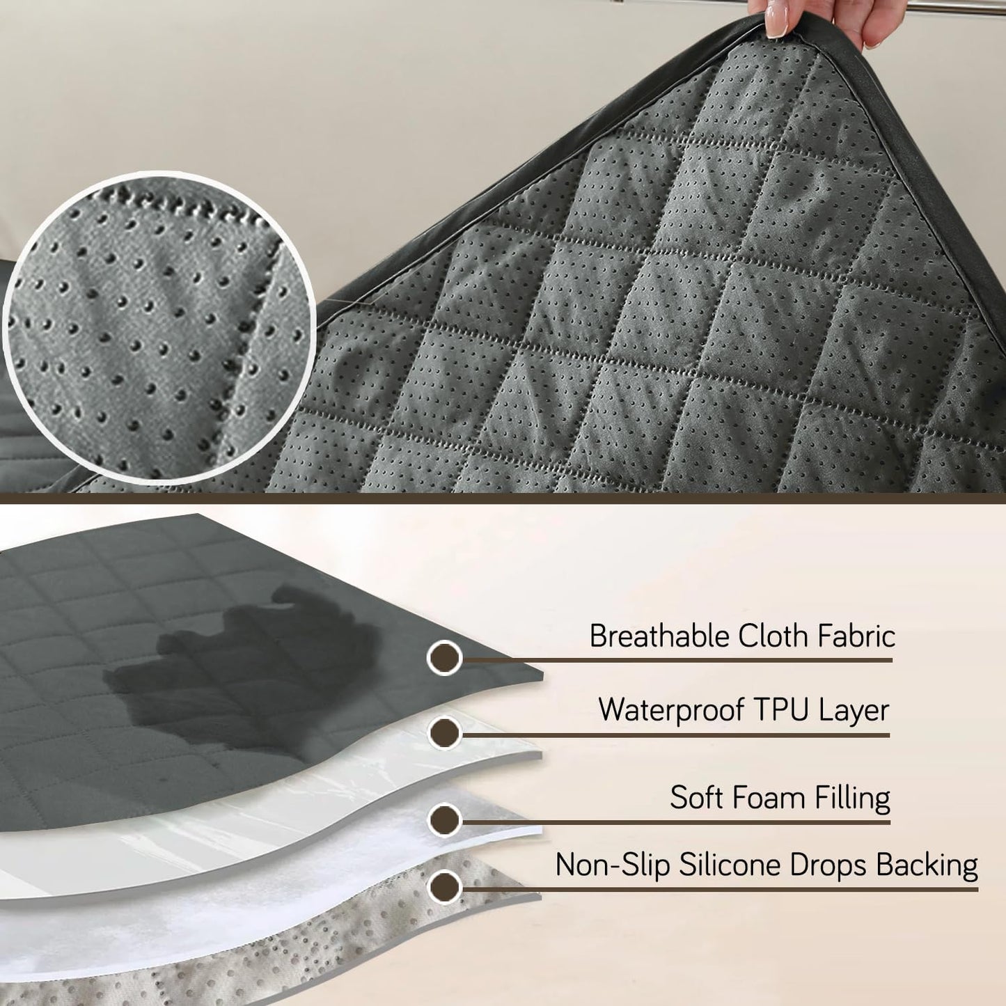 HOKIPO Quilted Waterproof Sofa Seat Mat for 1/2/3 Seater Sofa with 2 Armrest Covers with Pockets, Grey