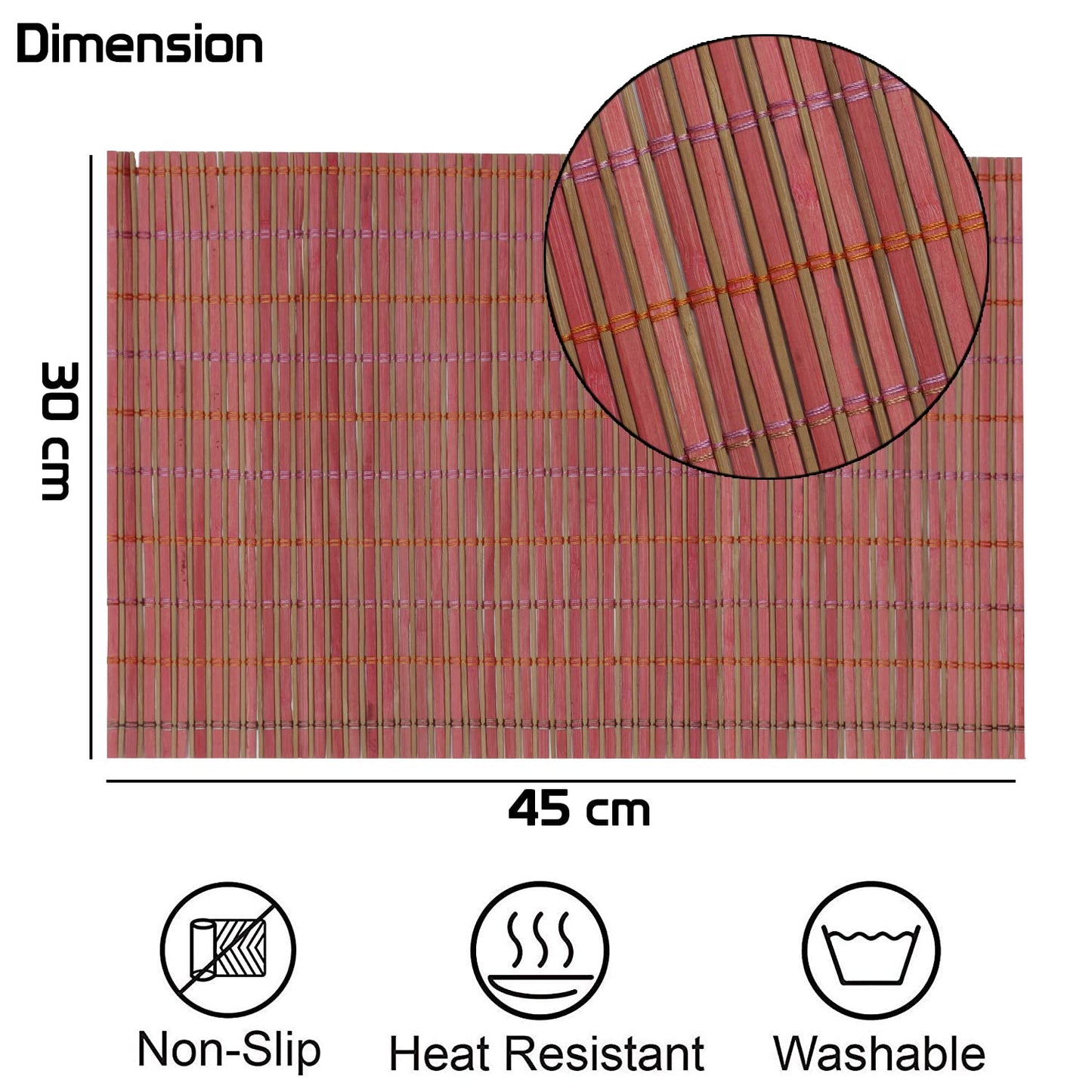 Reversible Bamboo Placemats for Dining Table Set of 6 Table Mats, 45x30 cm, Blush Red