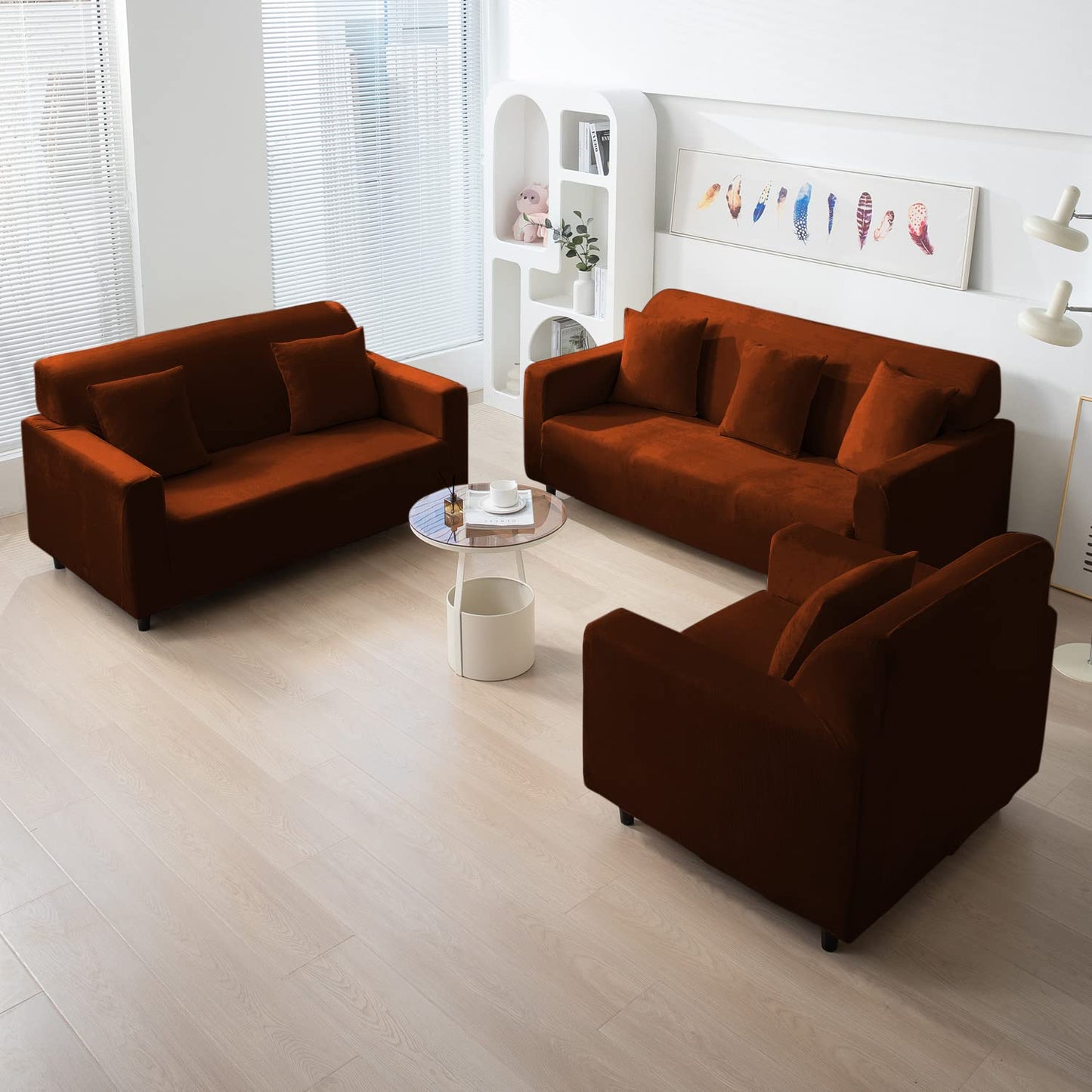 Rustic Brown elastic stretchable velvet sofa cover set available for 1, 2, 3, 4, 5, 6 & 7 seater sofas