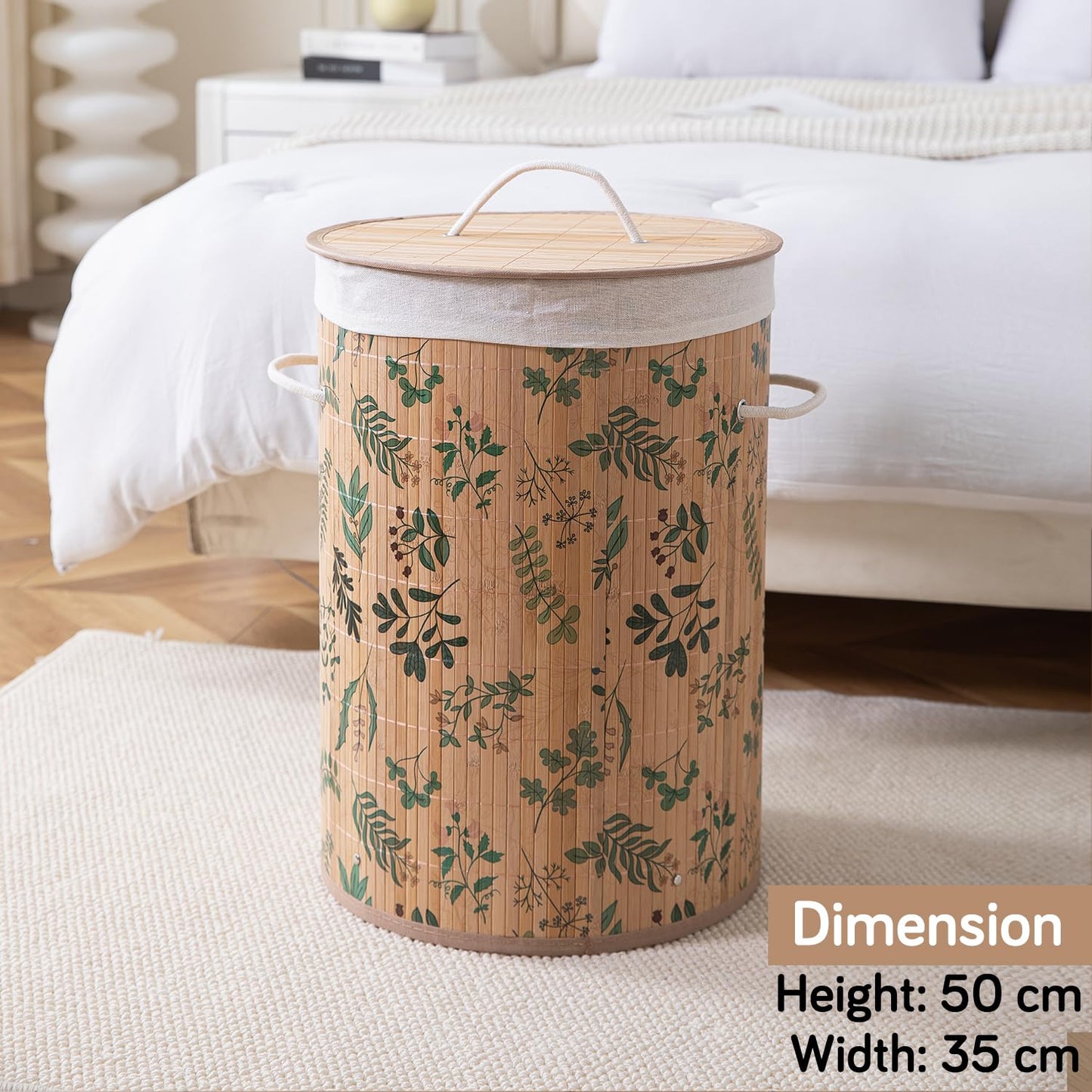 Eco-Friendly Foldable Bamboo Laundry Basket Hamper with Lid, Large, 61 Litre, Fern Leaves