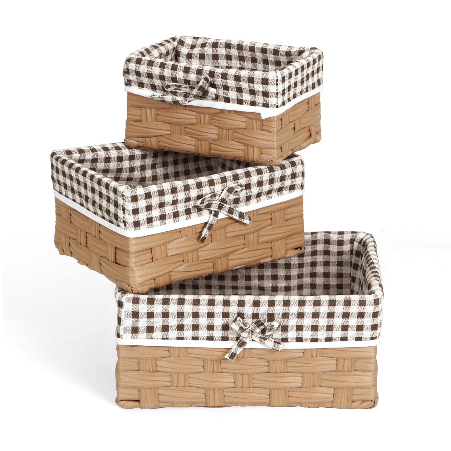 Handwoven Imitation Rattan Wicker Rectangular Basket For Home, Office, Wardrobe. Pack Of 3, Light Brown