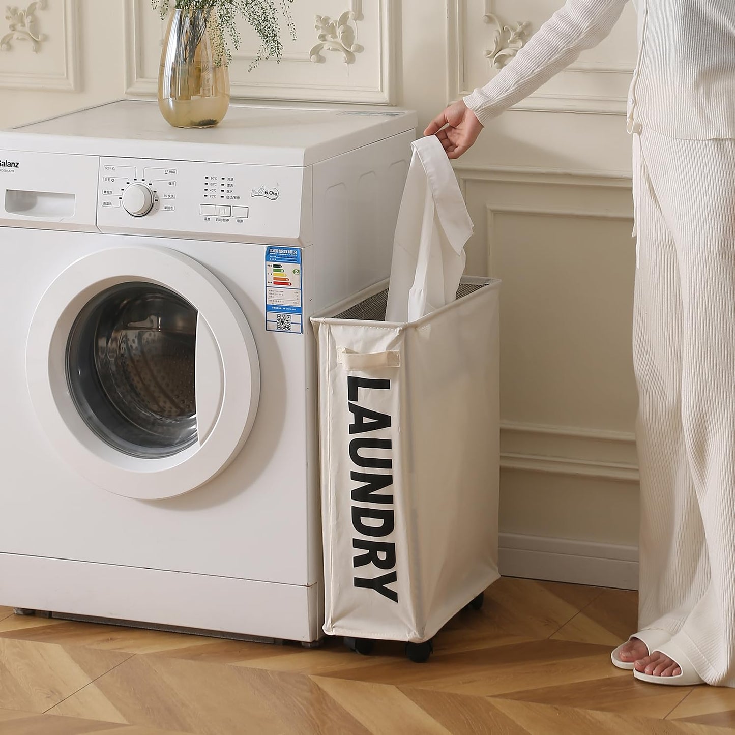 Laundry Basket Bag with Wheels Hamper, Cream