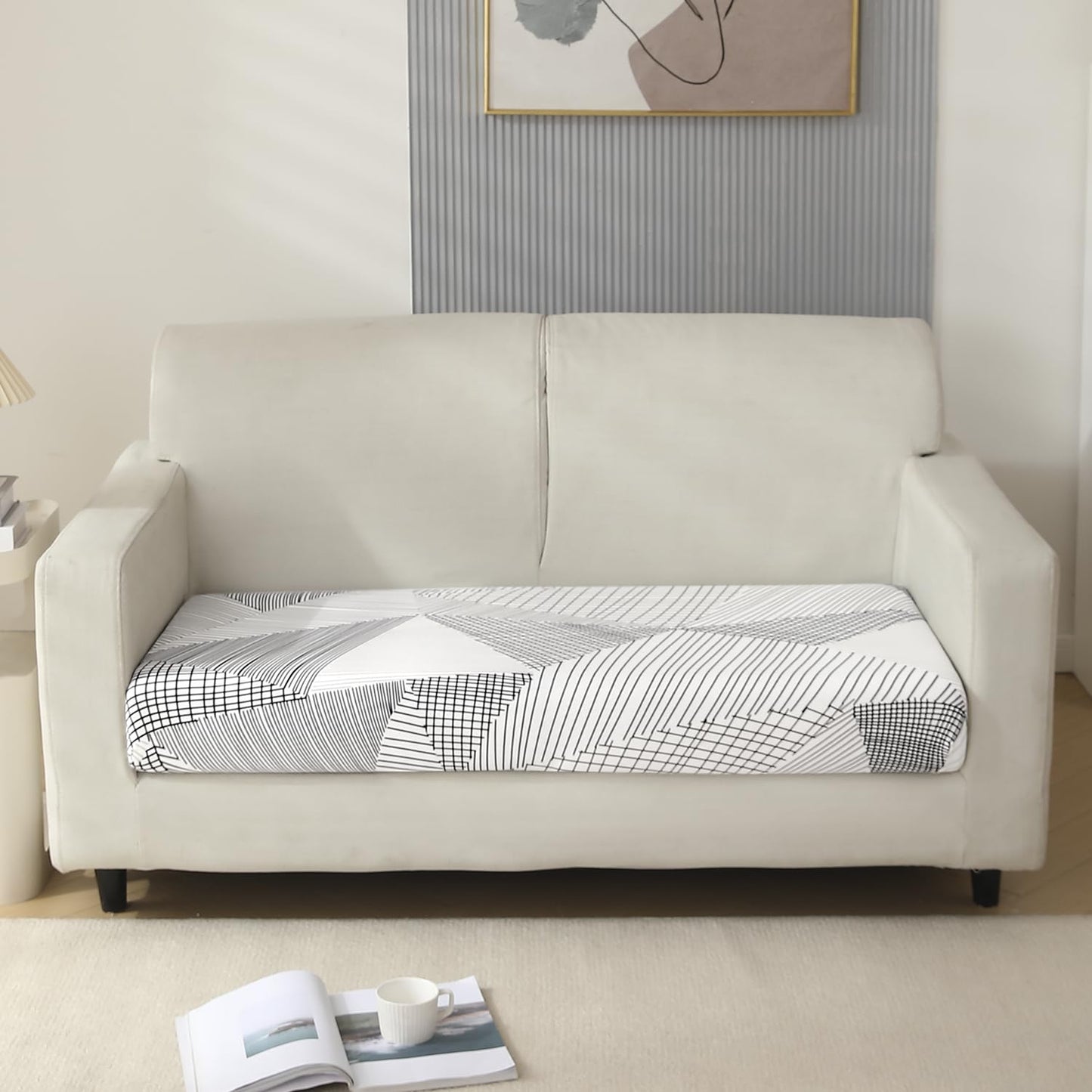 140 GSM Stretchable Printed Elastic Sofa Cushion Seat Cover for 1 /2 /3 Seaters / Pieces for Sofa, Snow White Black Geometry