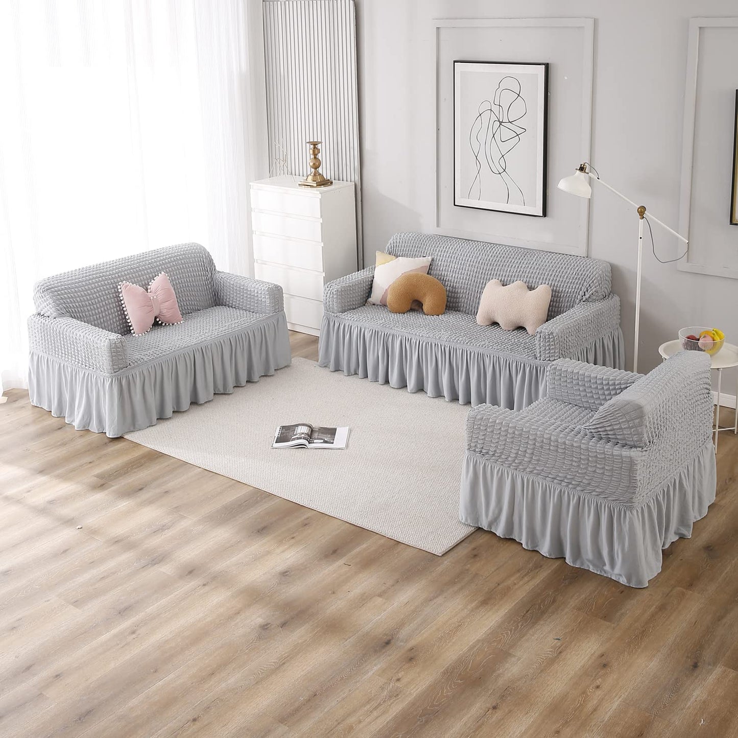 Ash Grey Elastic stretchable Turkish Bubble frill sofa cover set available for 1, 2, 3, 4, 5, 6 & 7 seater sofas