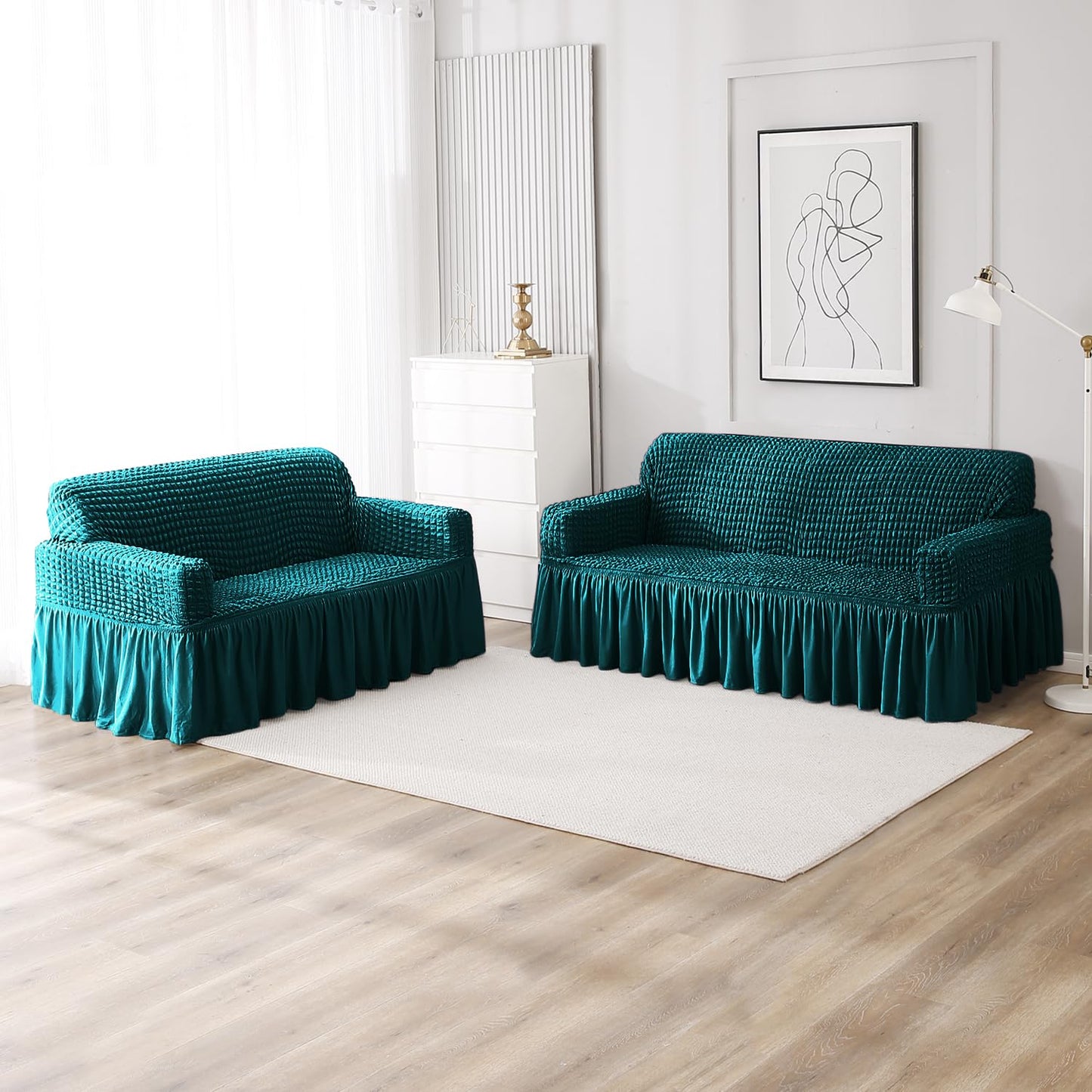 Teal Elastic stretchable Turkish Bubble frill sofa cover for 3 2 seater sofa