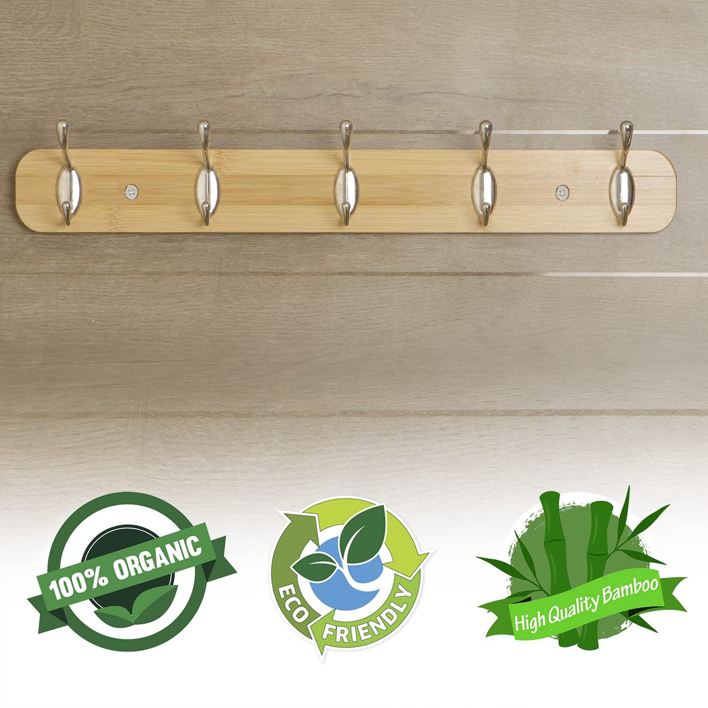 Bamboo Wooden Wall Mounted Hook Rail for Hanging Clothes - 3/4/5 Hooks Rail