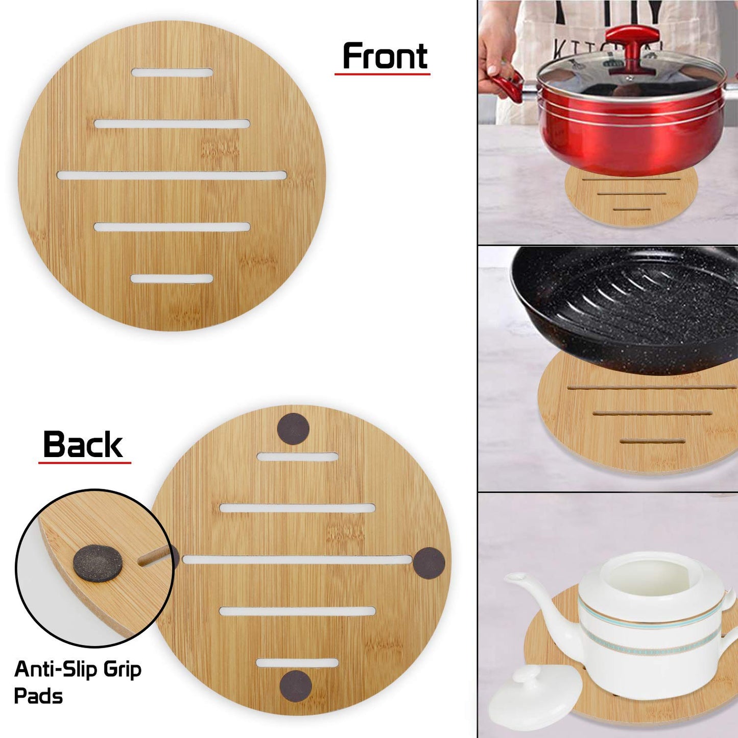 HOKIPO Eco-Friendly Extra Thick Bamboo Wooden Coasters for Dining Table Heat Pad for Kitchen - Pack of 2/4/6