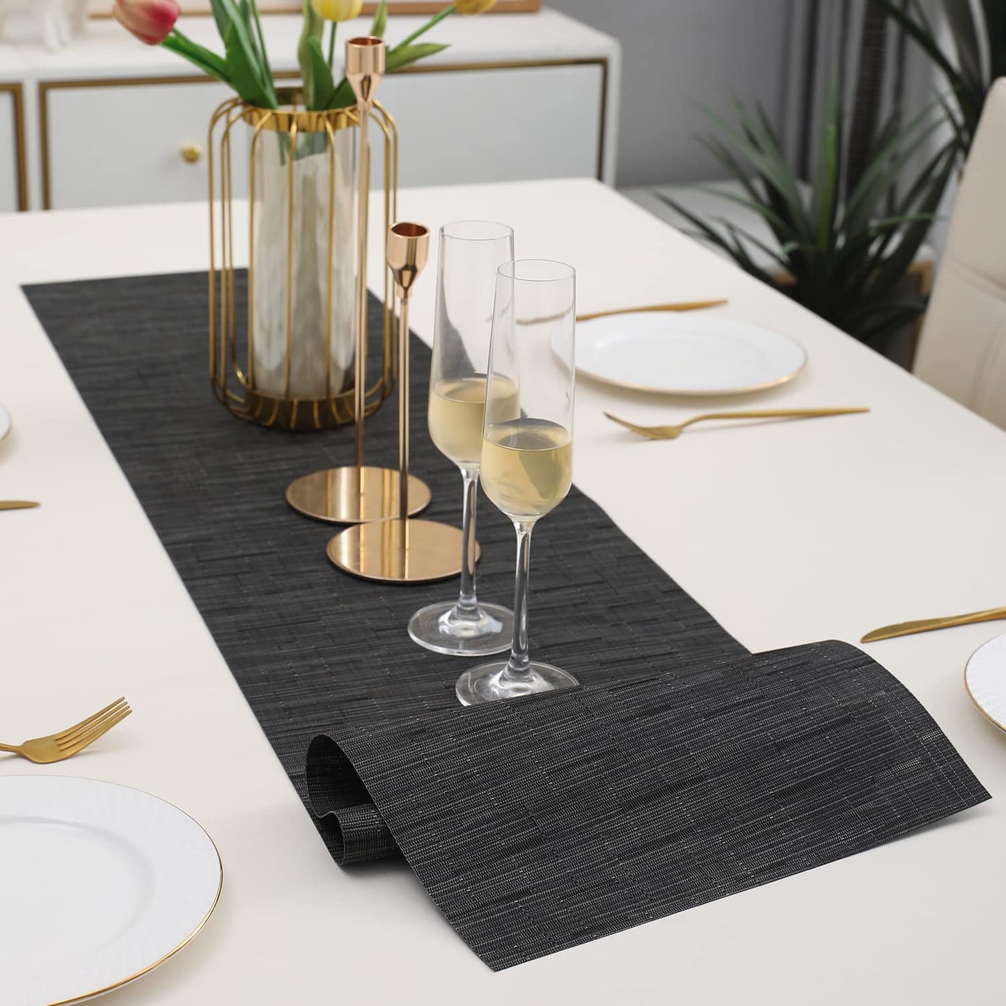 PVC Table Runner for Dinner and Coffee Table, Textured Black