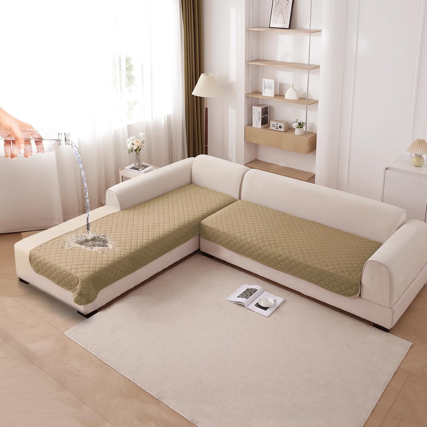 HOKIPO Waterproof Quilted Quick Dry L Shape Sofa Seat Cover Mat, Camel