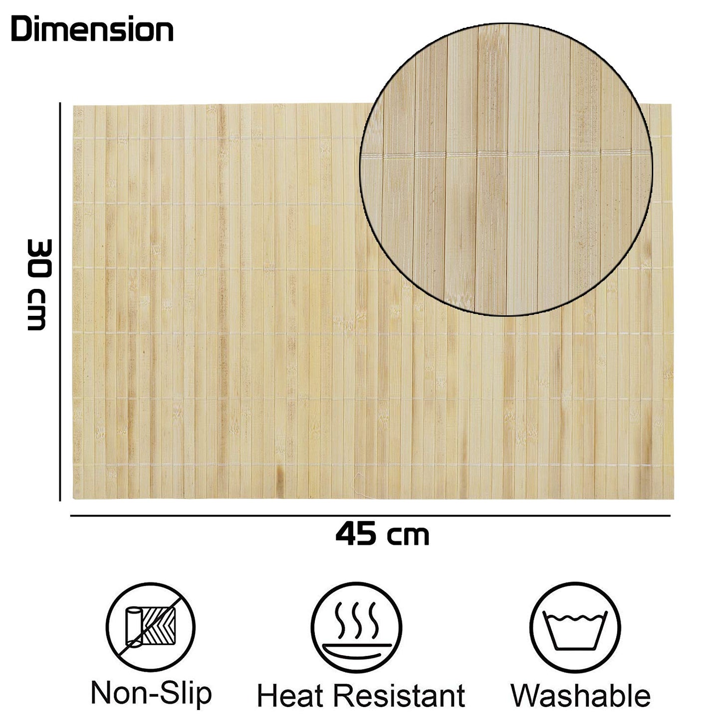 Reversible Bamboo Table Mats for Dining Table, Set of 4 Placemats, 45x30 cm