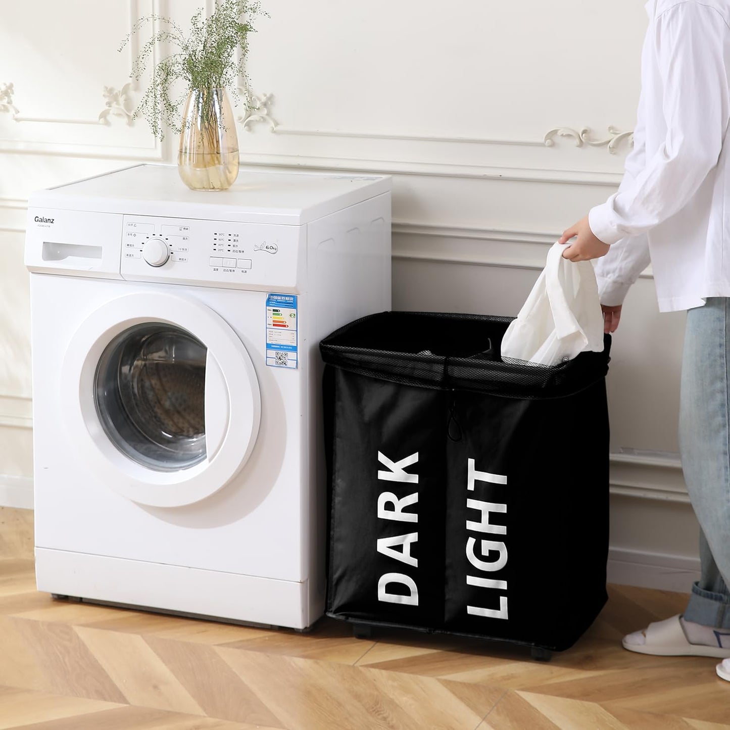 Large Laundry Basket Foldable Hamper With Wheels, Black