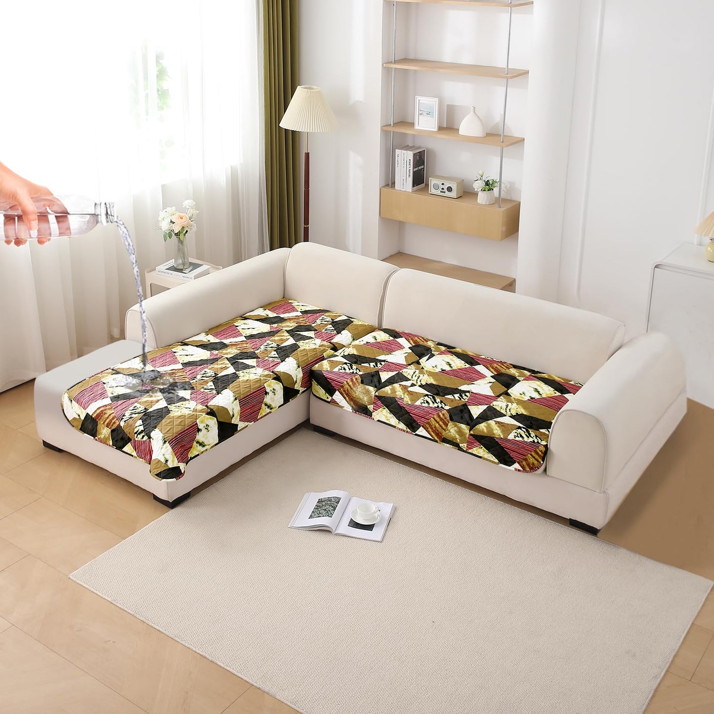 HOKIPO Waterproof Printed Quilted Quick Dry L Shape Sofa Seat Cover Mat, Wine Abstract Geometry