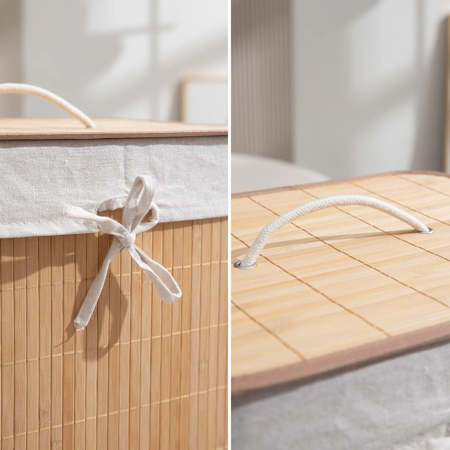 Eco-Friendly Foldable Bamboo Laundry Basket Hamper with Lid, Large - 81 Liter, Light Brown