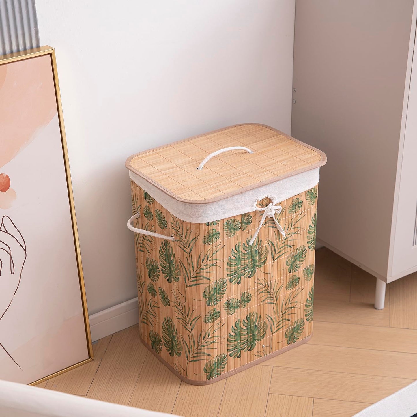 Eco-Friendly Foldable Bamboo Laundry Basket Hamper with Lid, Large - 60 Liter, Tropical Leaves