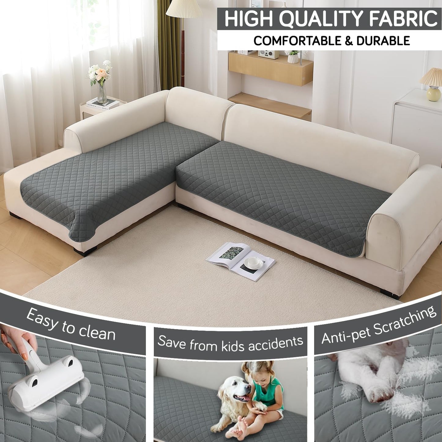 HOKIPO Waterproof Quilted Quick Dry L Shape Sofa Seat Cover Mat, Dark Grey