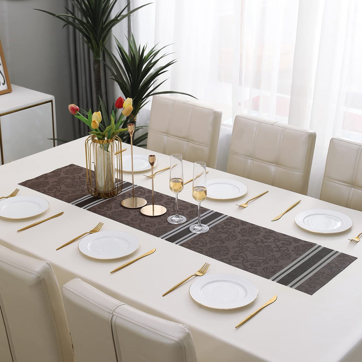 PVC Table Runner Dinner and Coffee Table, 30x135 cm, Damask Brown