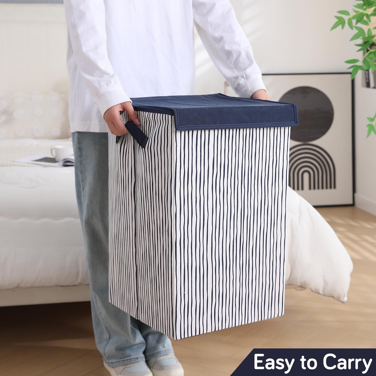 Foldable Laundry Basket for Clothes with Lid, Stripes