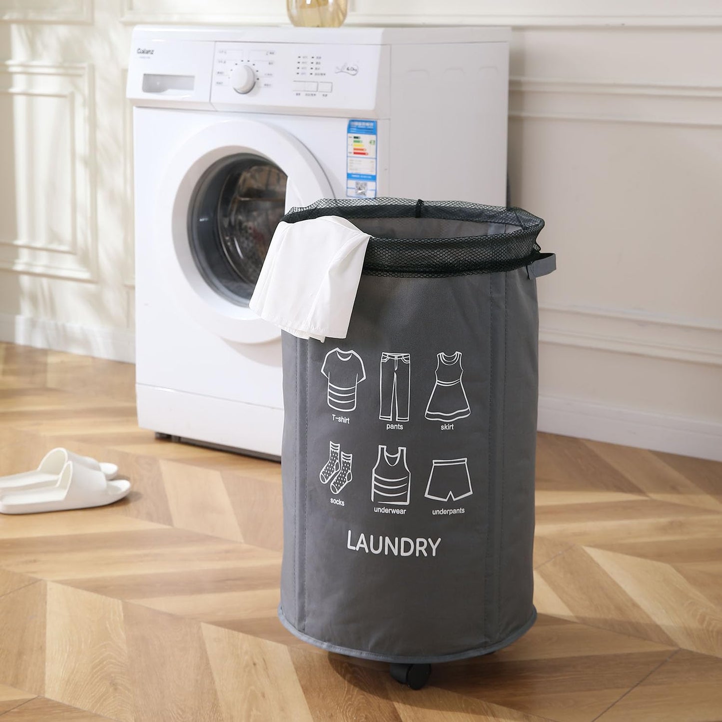 Laundry Basket Foldable Hamper With Wheels, Grey