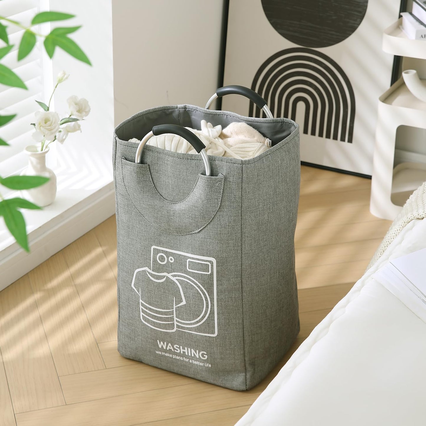 Folding Laundry Bag for Clothes Hamper Basket Collapsible Storage Basket, 30 x 27 x 55 cm Grey