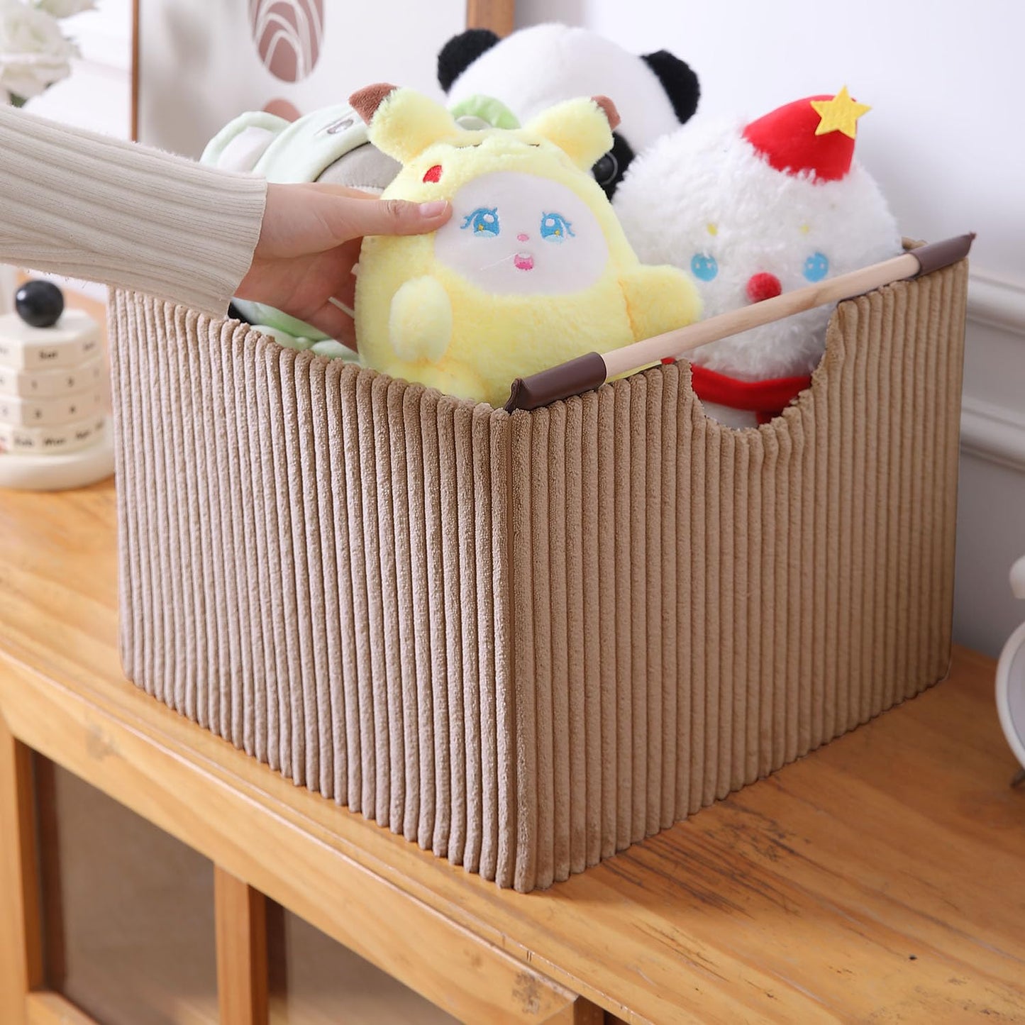 Premium Foldable Storage Bin with Wooden Handles | Corduroy Fabric Organizer Box for Wardrobe, Books, Clothes & Misc Items, Cream