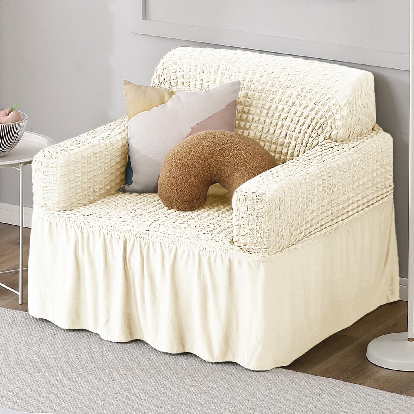 Cream Stretchable Turkish Bubble Frill 1 seater sofa cover