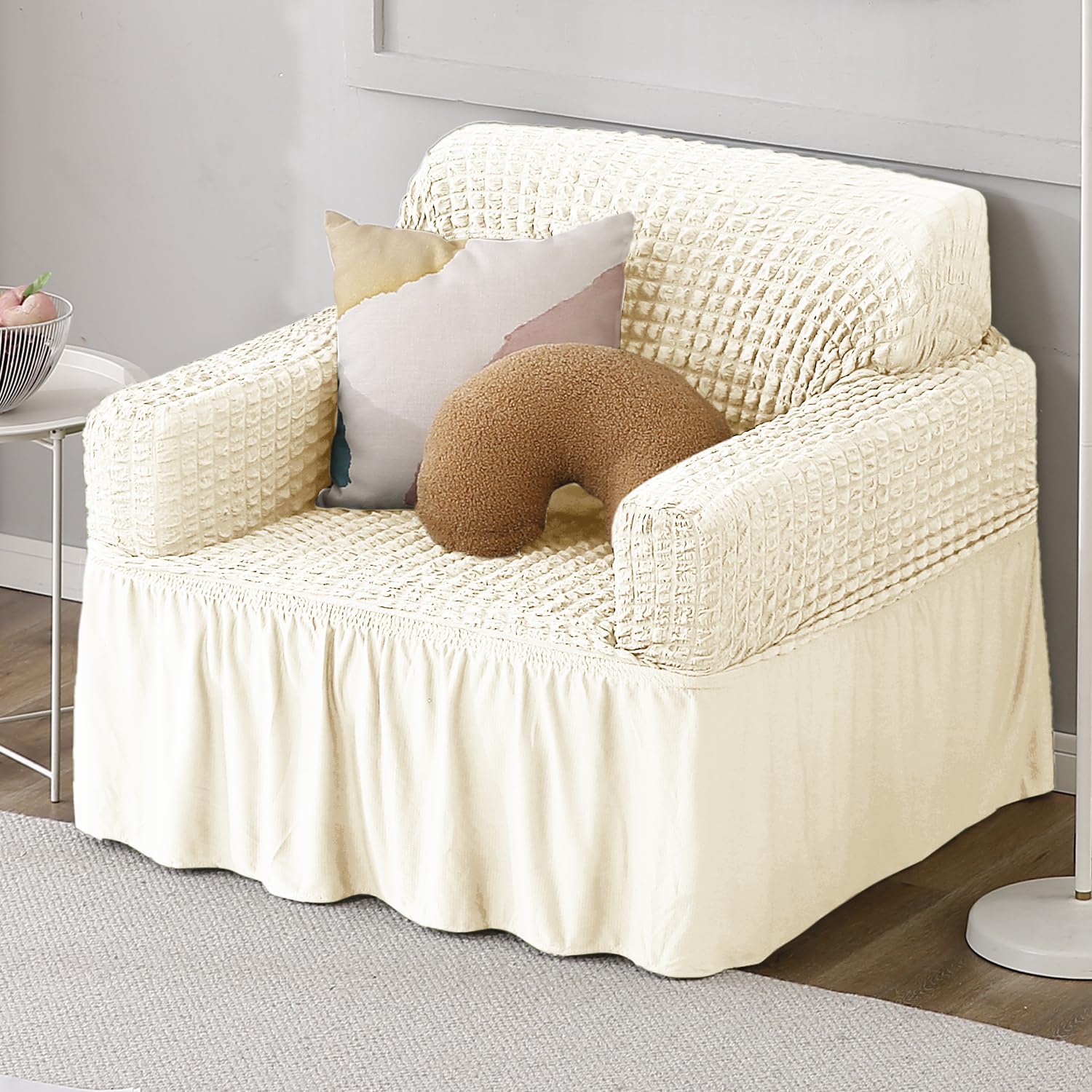 Cream Stretchable Turkish Bubble Frill 1 seater sofa cover