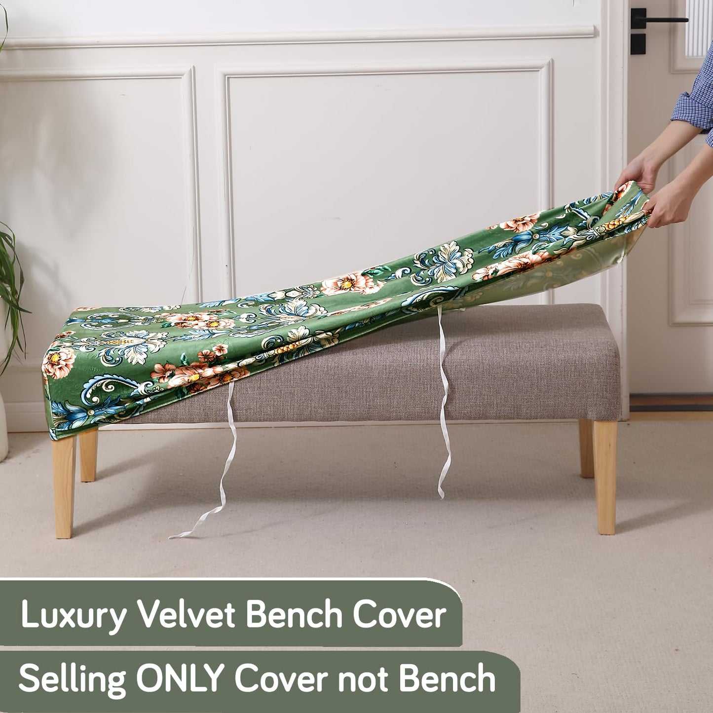 Premium Printed Velvet Elastic Dining Bench Cover, Green Victorian Garden