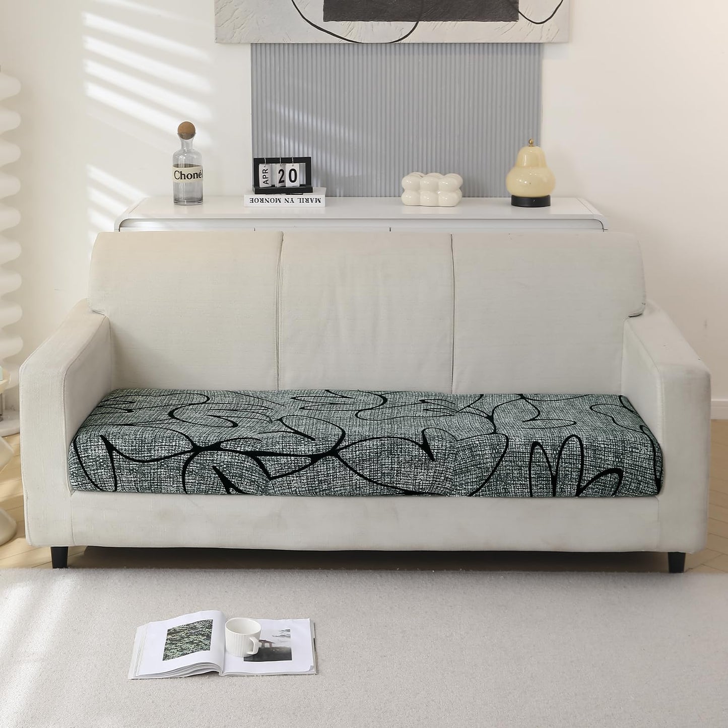 140 GSM Stretchable Printed Elastic Sofa Cushion Seat Cover for 1 /2 /3 Seaters / Pieces for Sofa, Intense Grey Abstract Floral