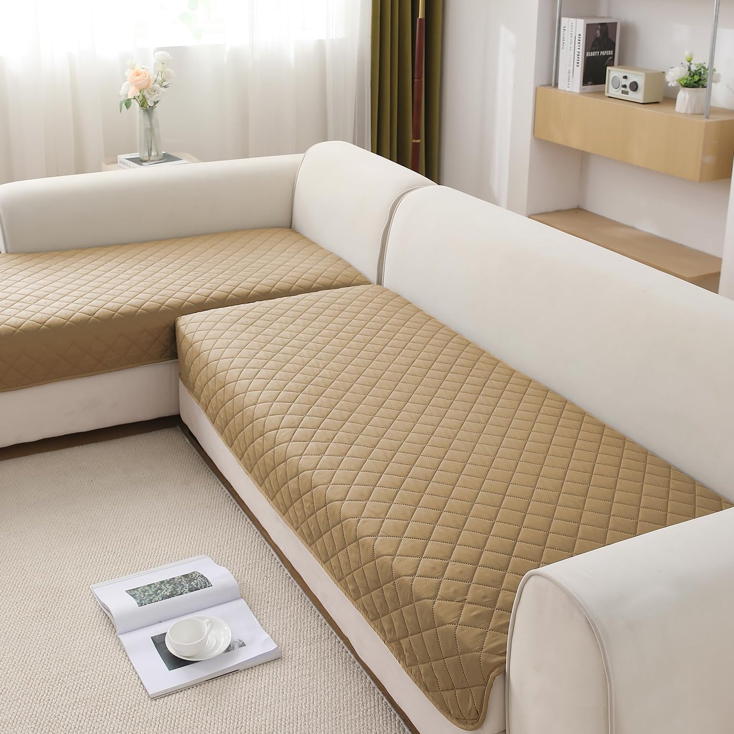 HOKIPO Waterproof Quilted Quick Dry L Shape Sofa Seat Cover Mat, Camel