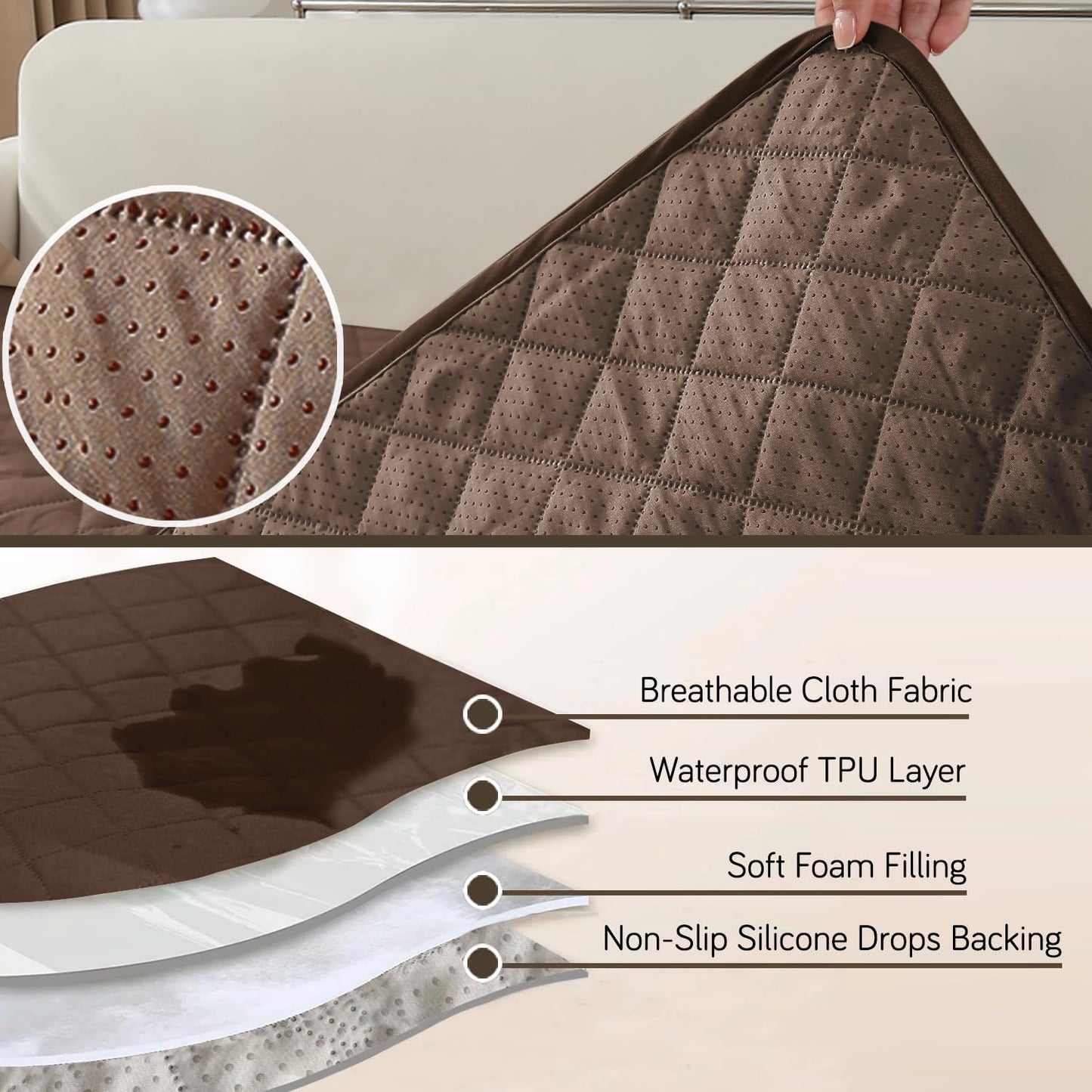HOKIPO Quilted Waterproof Sofa Seat Mat for 1/2/3 Seater Sofa with 2 Armrest Covers with Pockets, Brown