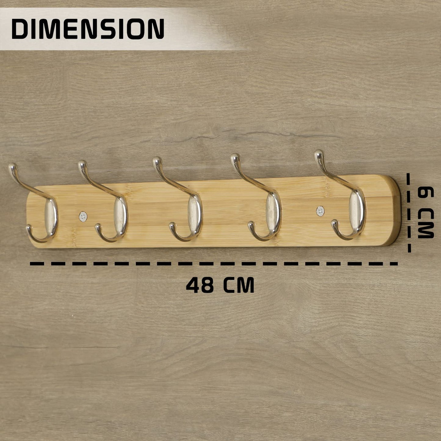 Bamboo Wooden Wall Mounted Hook Rail for Hanging Clothes - 3/4/5 Hooks Rail