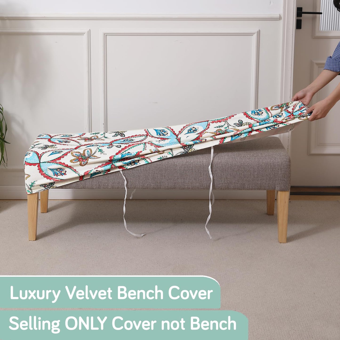 Premium Printed Velvet Stretchable Dining Bench Slipcover, Beige Persian Garden