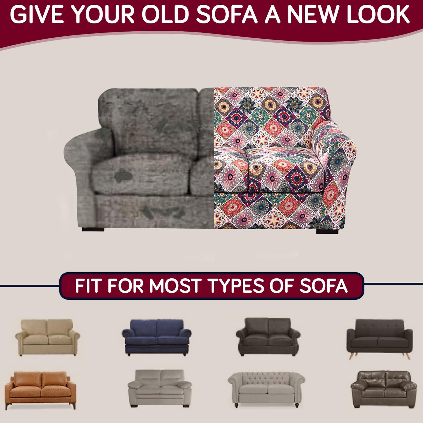 Printed Stretchable Sofa Slipcover with 1/2/3 Pc Separate Seat Cushion Cover for each 1/2/3 Seater, Spectrum Mosaic Magic