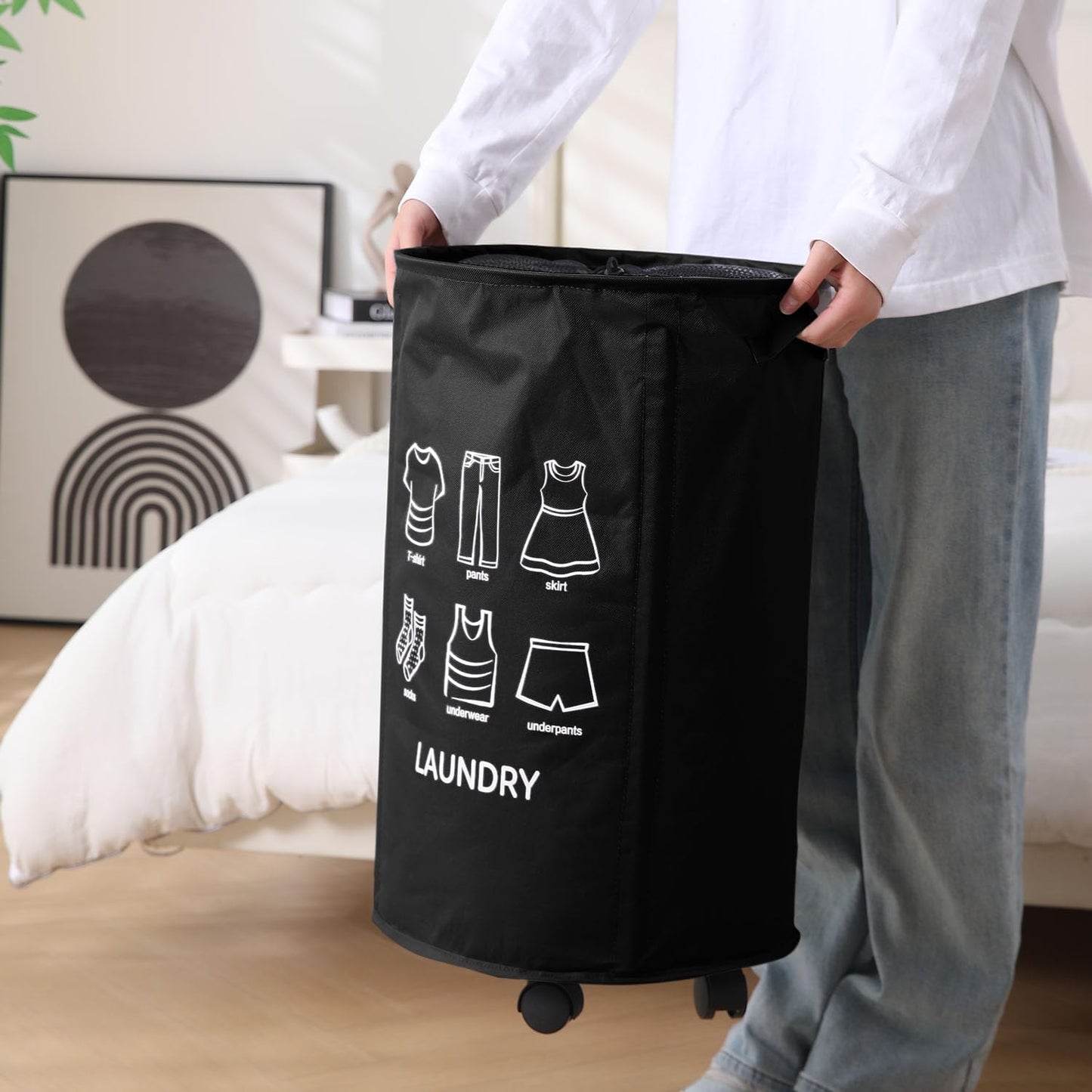 Laundry Basket Foldable Hamper With Wheels, Black