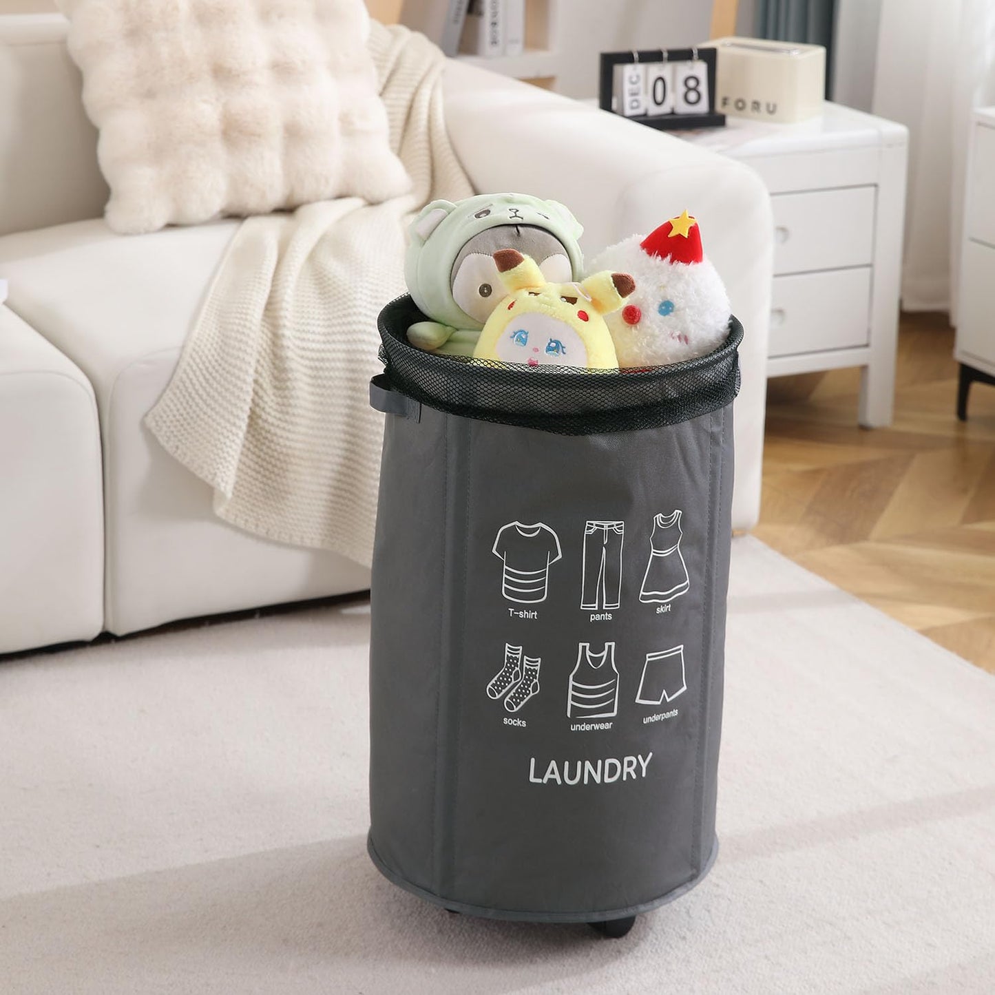 Laundry Basket Foldable Hamper With Wheels, Grey