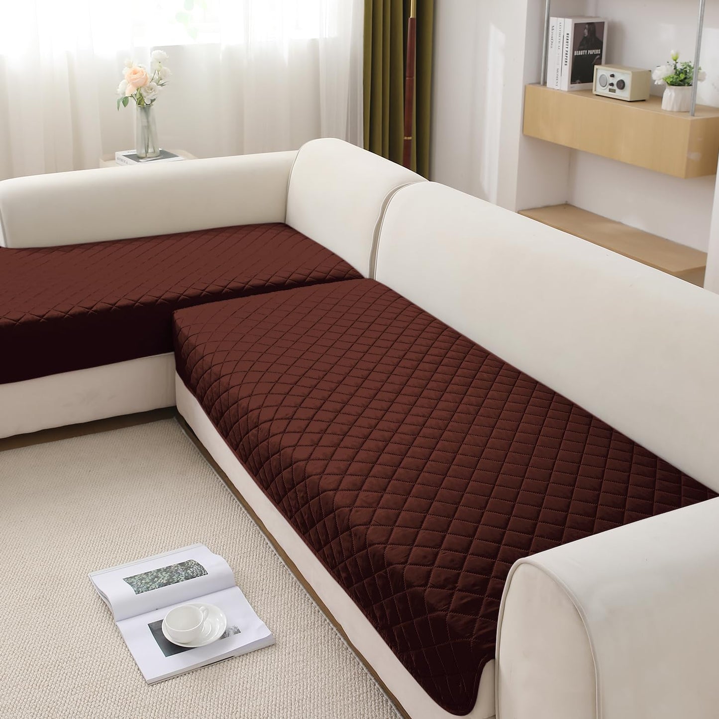 HOKIPO Waterproof Quilted Quick Dry L Shape Sofa Seat Cover Mat, Brown