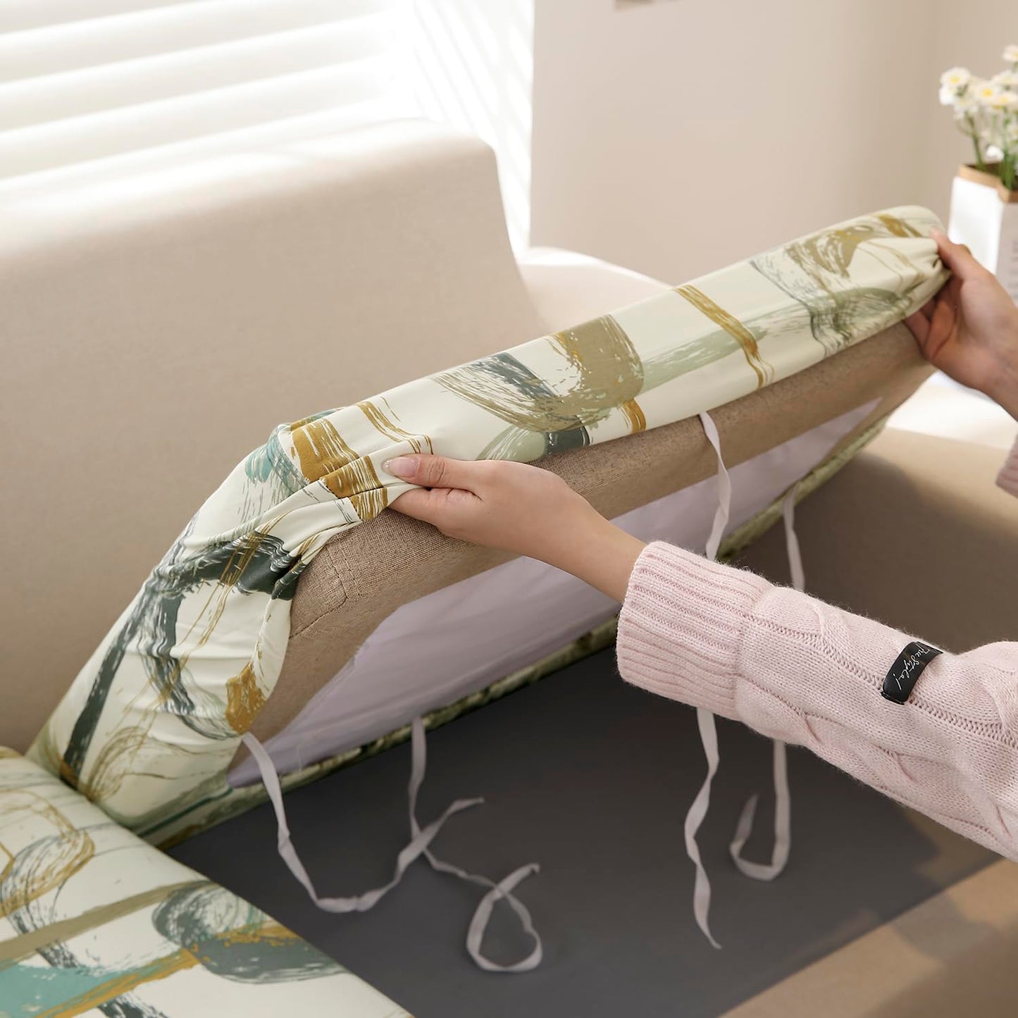 140 GSM Stretchable Printed Elastic Sofa Cushion Seat Cover for 1 /2 /3 Seaters / Pieces for Sofa, Parchement Beige Abstract Art