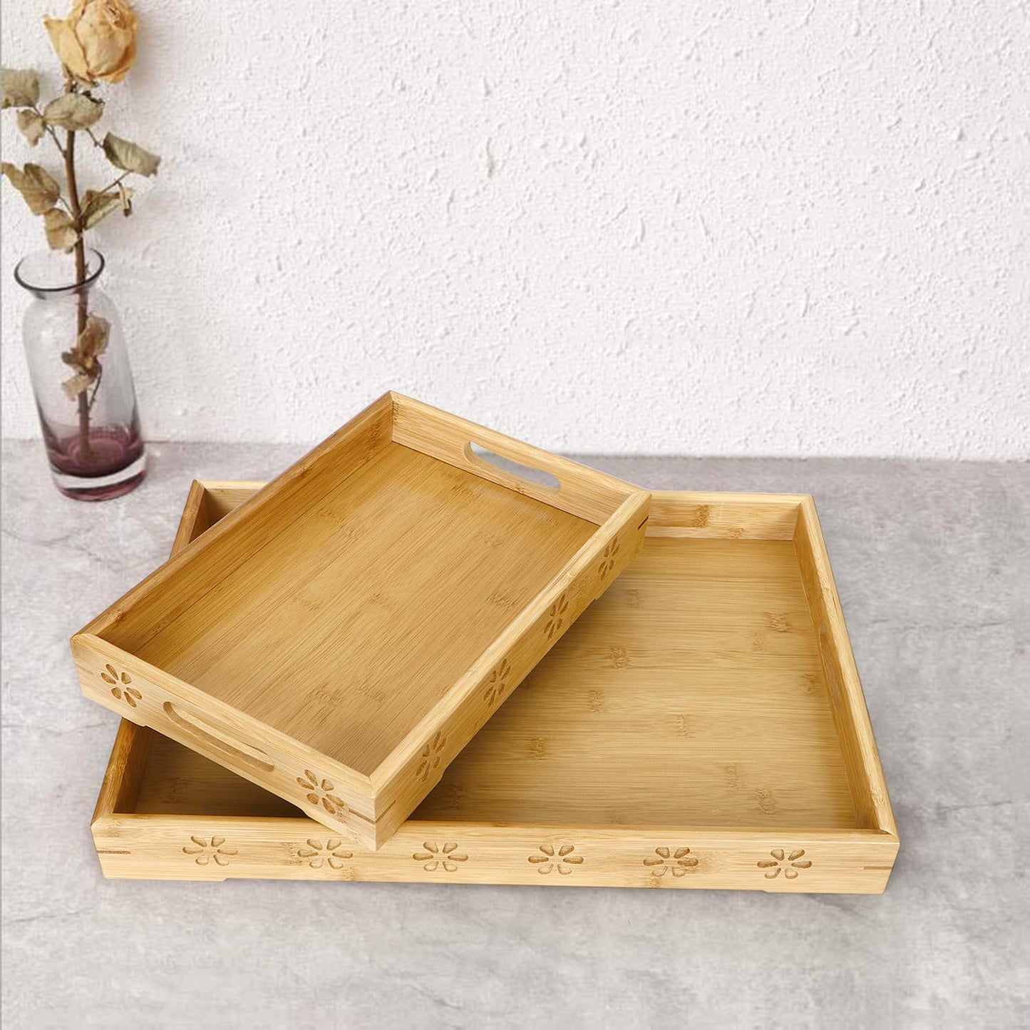Wooden Bamboo Dining Kitchen Serving Tray with Handles, Set of 2