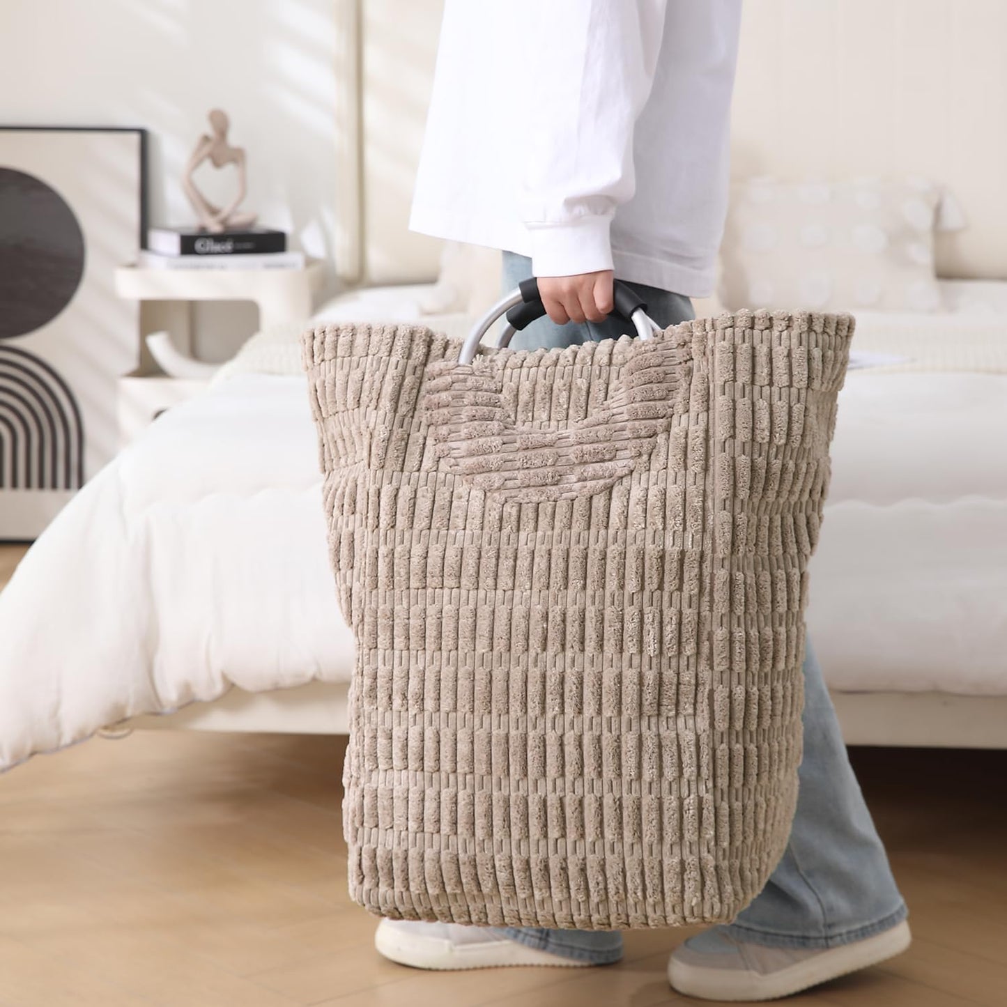 Folding Laundry Bag for Clothes Hamper Basket, Collapsible Storage Basket, Latte Brown