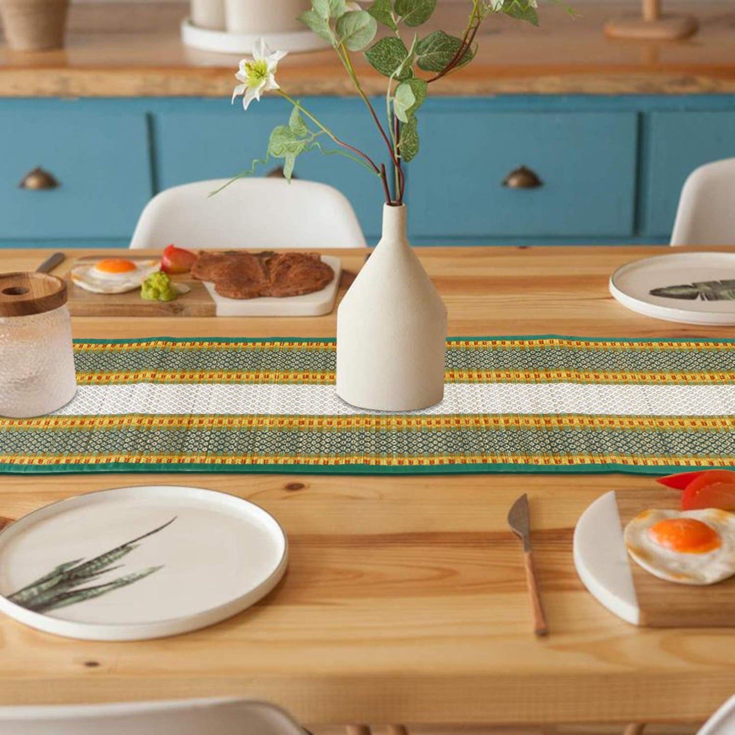 Natural Handmade Madurkathi Table Runner for Dining Table, Centre Table, Coffee Table, Teapoy, Green