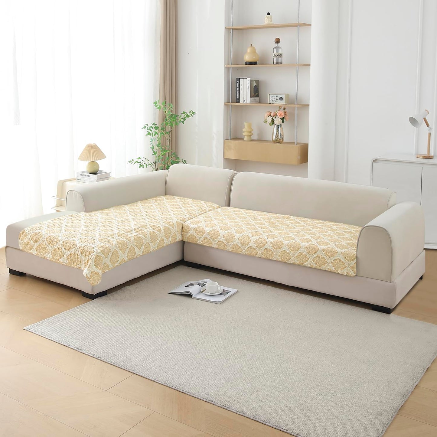 Quilted Printed L Shape Sofa Cover Mat for 2+2/3+2/3+3 Seater, Ogee Ivory