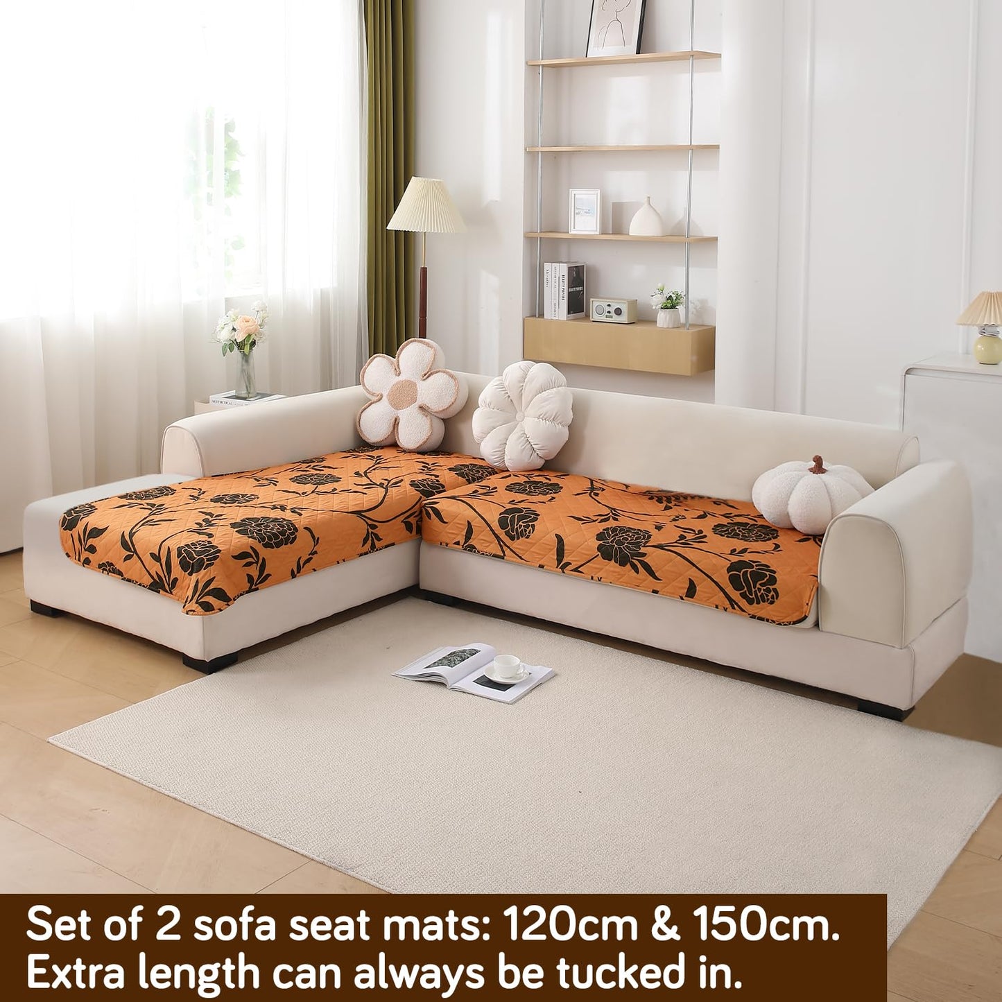 Waterproof Printed Quilted Quick Dry L Shape Sofa Seat Cover Mat, Copper Brown Floral