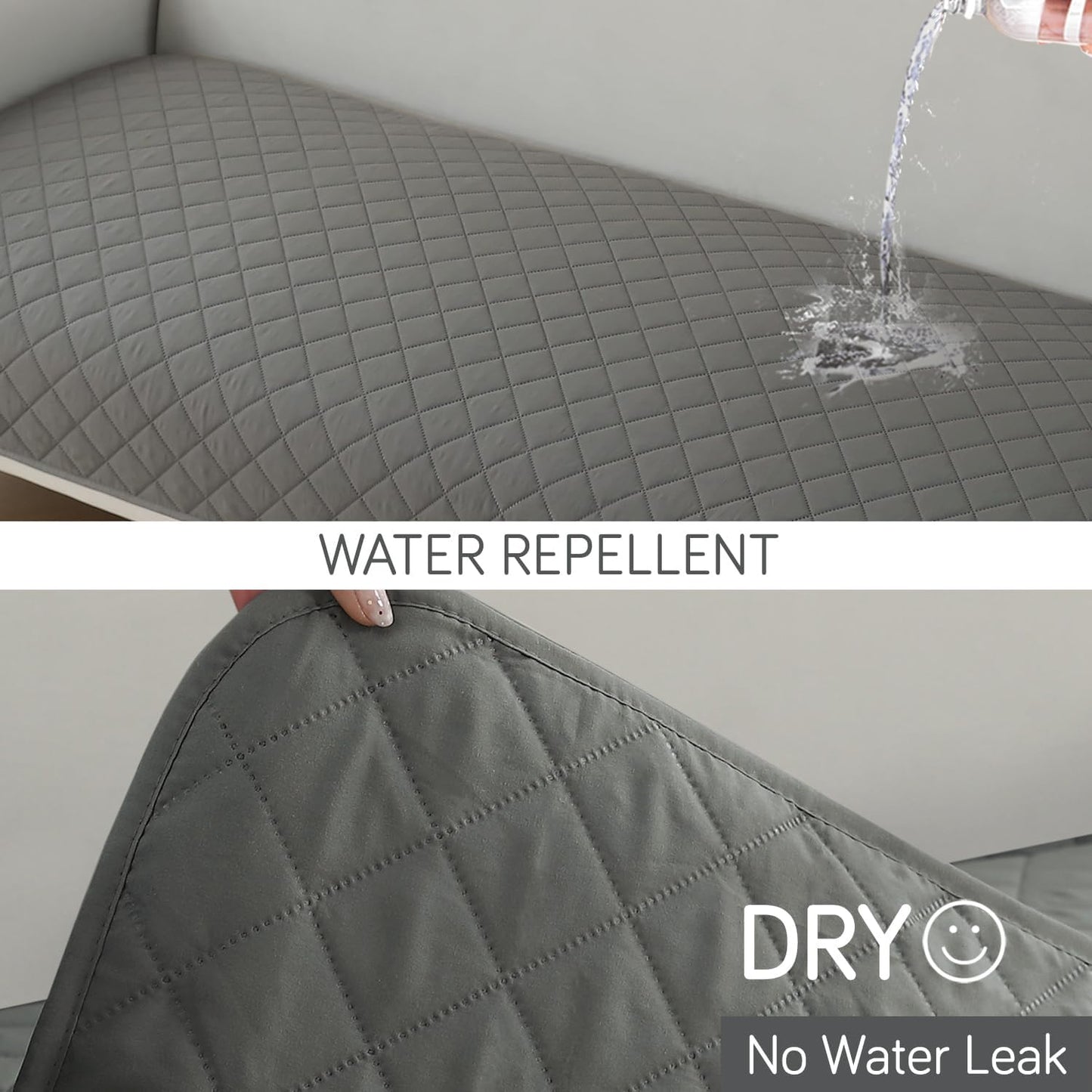 HOKIPO Quilted Waterproof Sofa Seat Mat with 2 Armrest Covers with Pockets, Light Grey